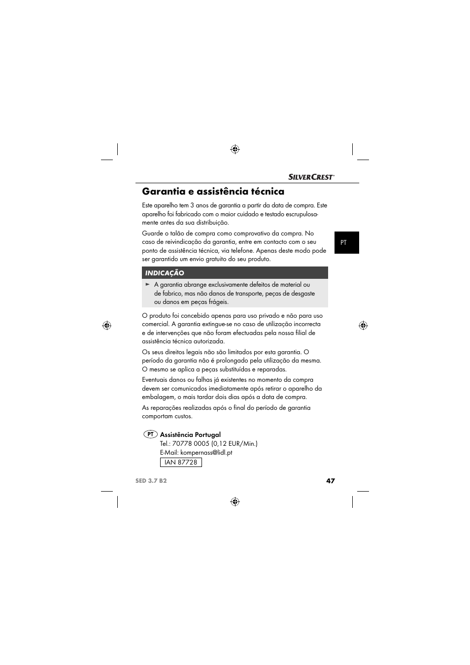 Garantia e assistência técnica | Silvercrest SED 3.7 B2 User Manual | Page 50 / 84