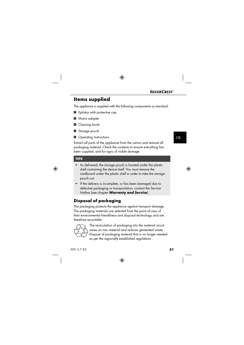Items supplied, Disposal of packaging | Silvercrest SED 3.7 B2 User Manual | Page 54 / 84