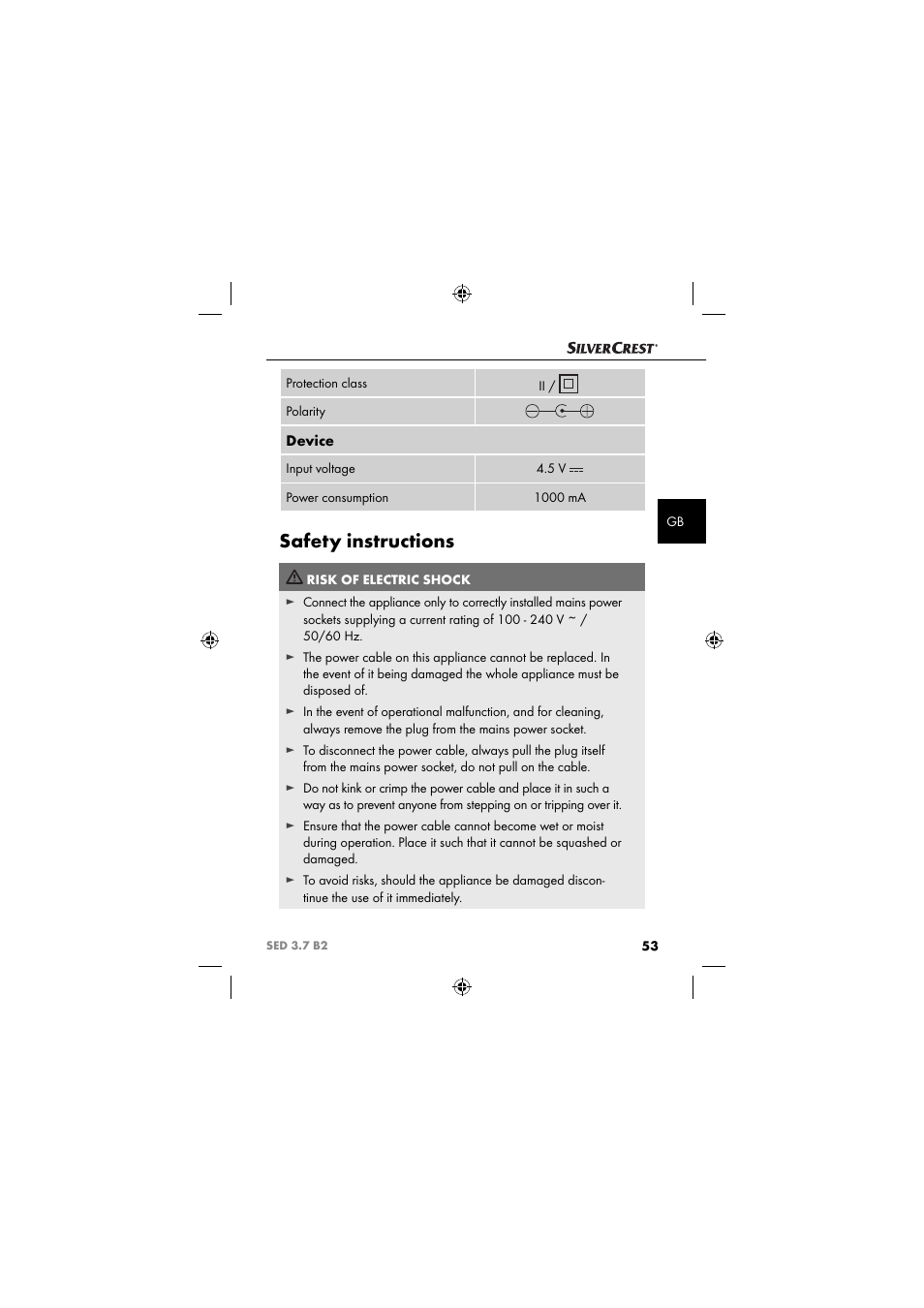 Safety instructions, Device | Silvercrest SED 3.7 B2 User Manual | Page 56 / 84