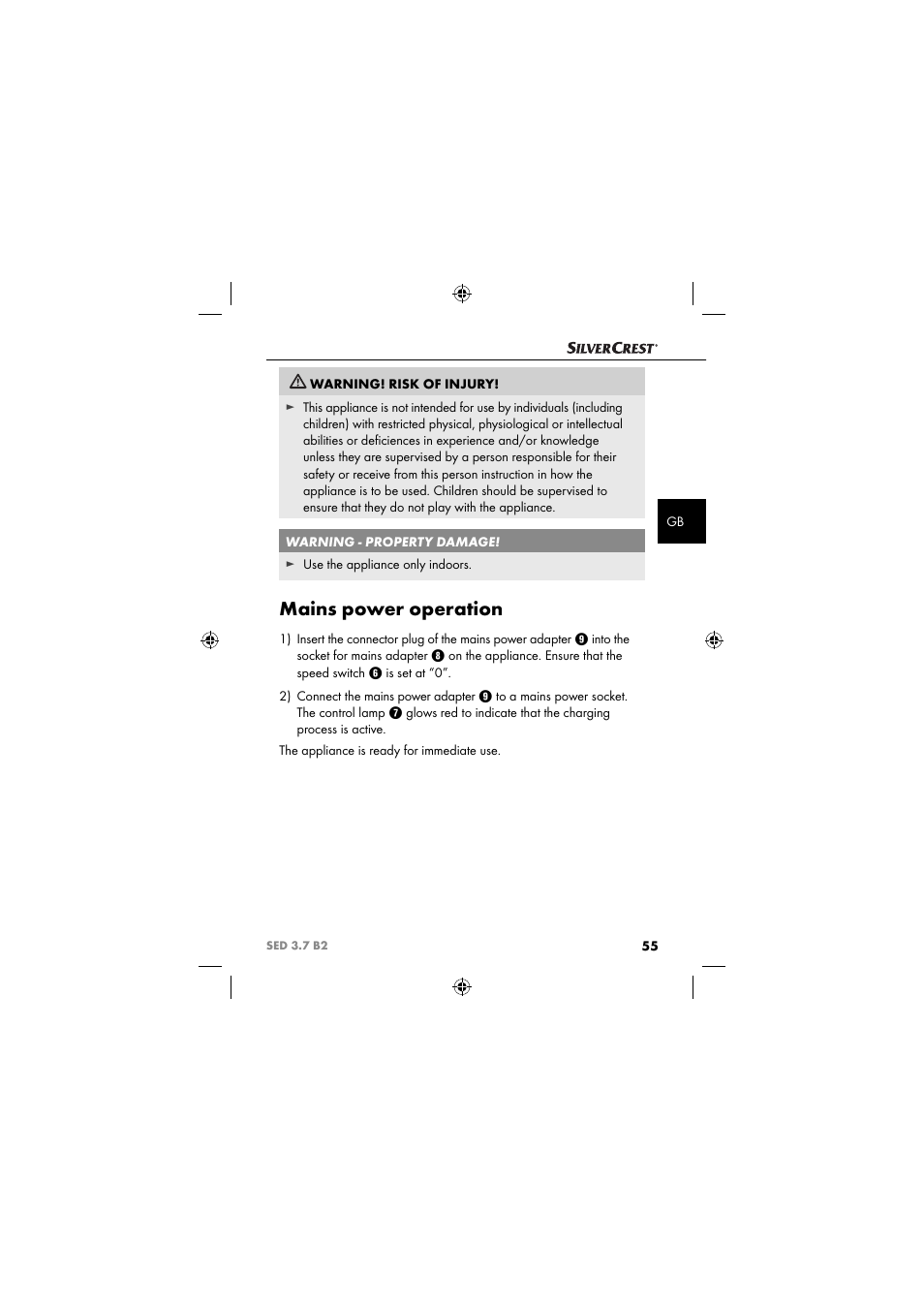 Mains power operation | Silvercrest SED 3.7 B2 User Manual | Page 58 / 84