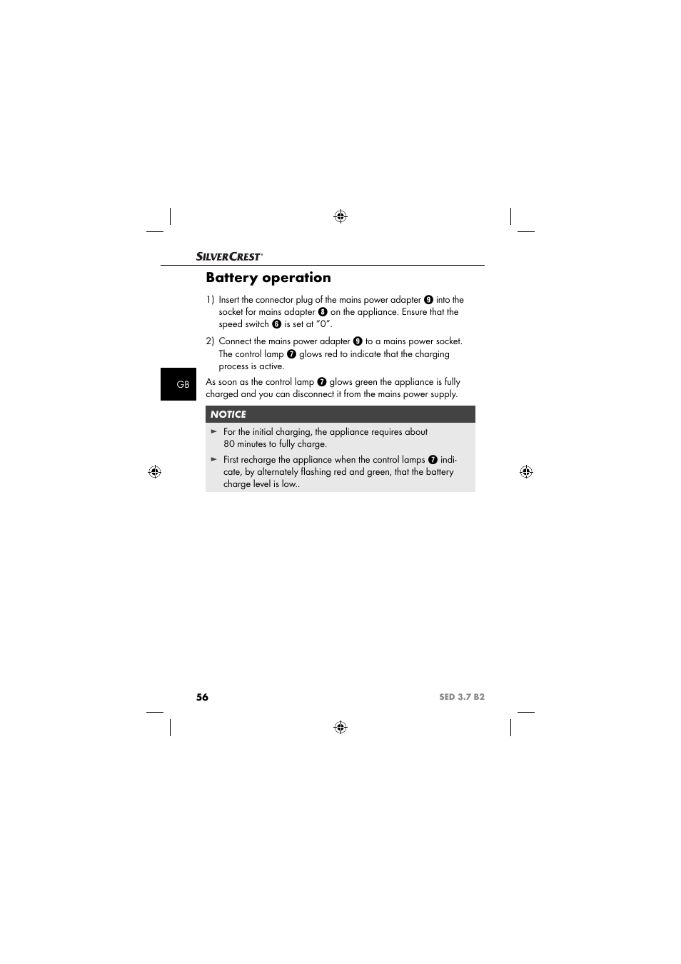 Battery operation | Silvercrest SED 3.7 B2 User Manual | Page 59 / 84