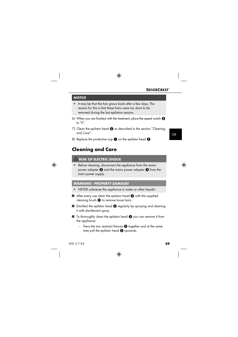 Cleaning and care | Silvercrest SED 3.7 B2 User Manual | Page 62 / 84