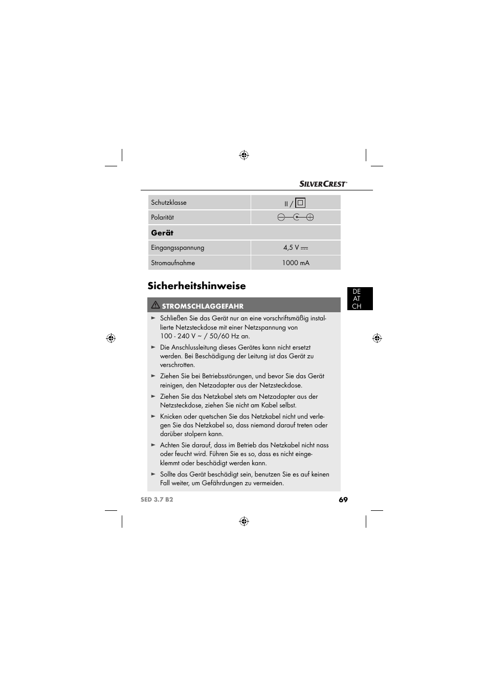 Sicherheitshinweise, Gerät | Silvercrest SED 3.7 B2 User Manual | Page 72 / 84