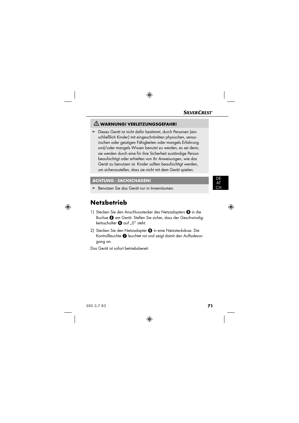 Netzbetrieb | Silvercrest SED 3.7 B2 User Manual | Page 74 / 84