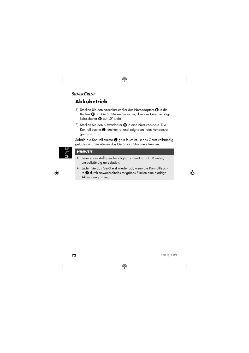 Akkubetrieb | Silvercrest SED 3.7 B2 User Manual | Page 75 / 84