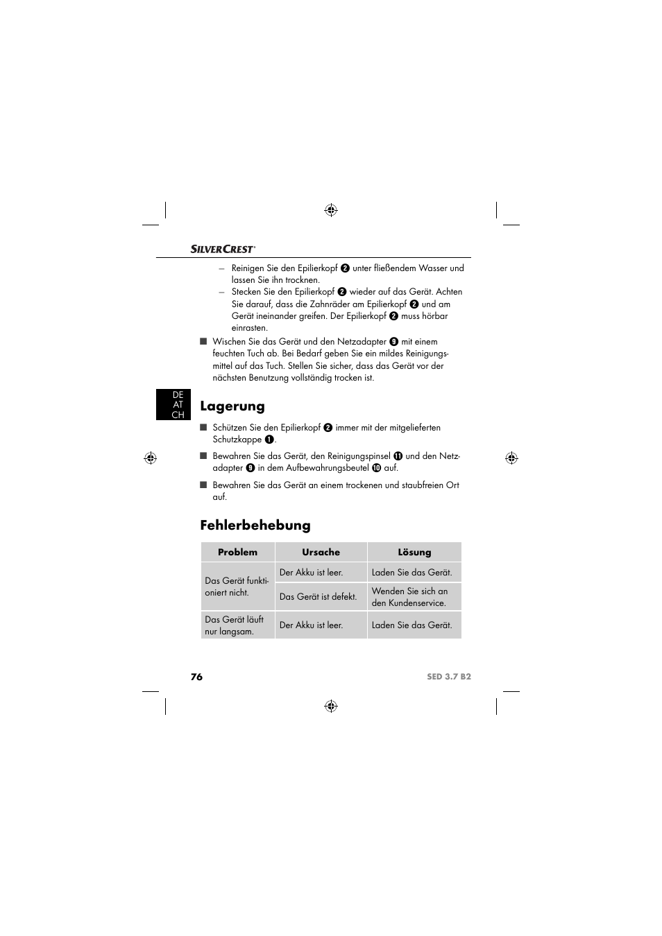 Lagerung, Fehlerbehebung | Silvercrest SED 3.7 B2 User Manual | Page 79 / 84