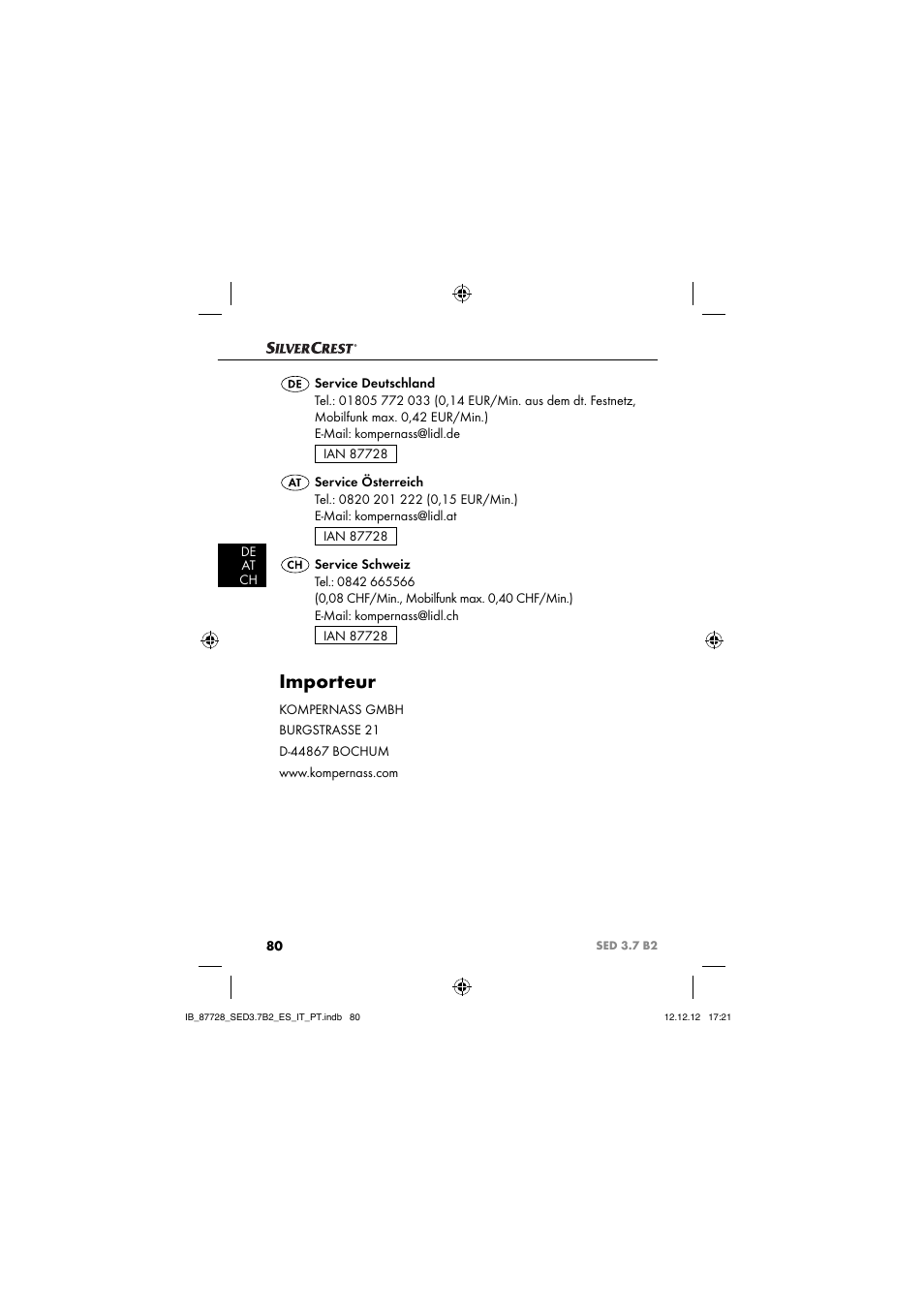 Importeur | Silvercrest SED 3.7 B2 User Manual | Page 83 / 84