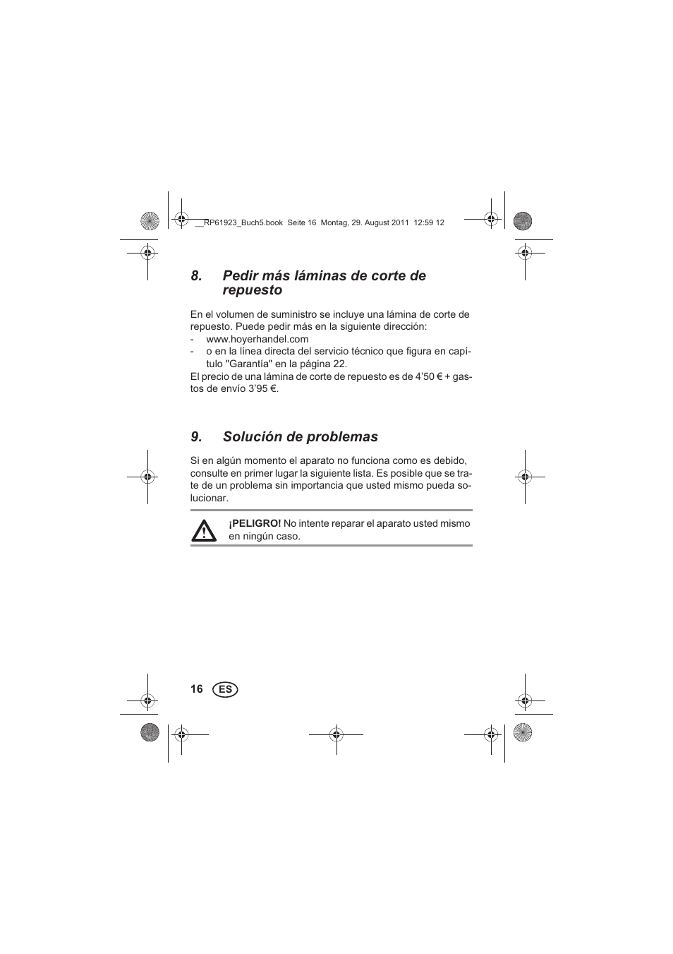 Pedir más láminas de corte de repuesto, Solución de problemas | Silvercrest SDR 1000 A1 User Manual | Page 18 / 114