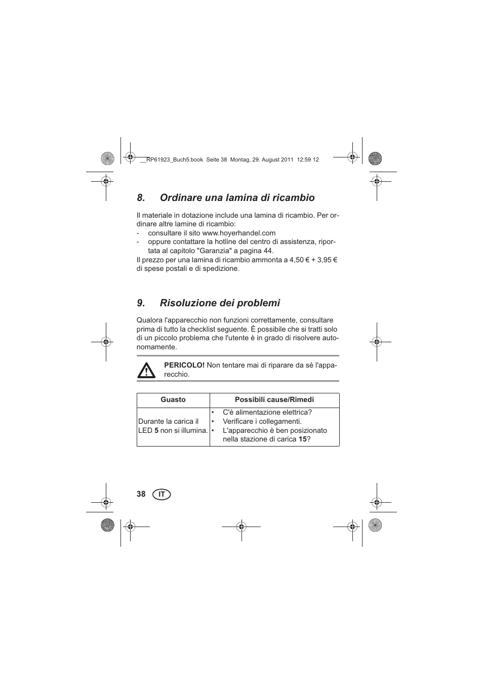 Ordinare una lamina di ricambio, Risoluzione dei problemi | Silvercrest SDR 1000 A1 User Manual | Page 40 / 114