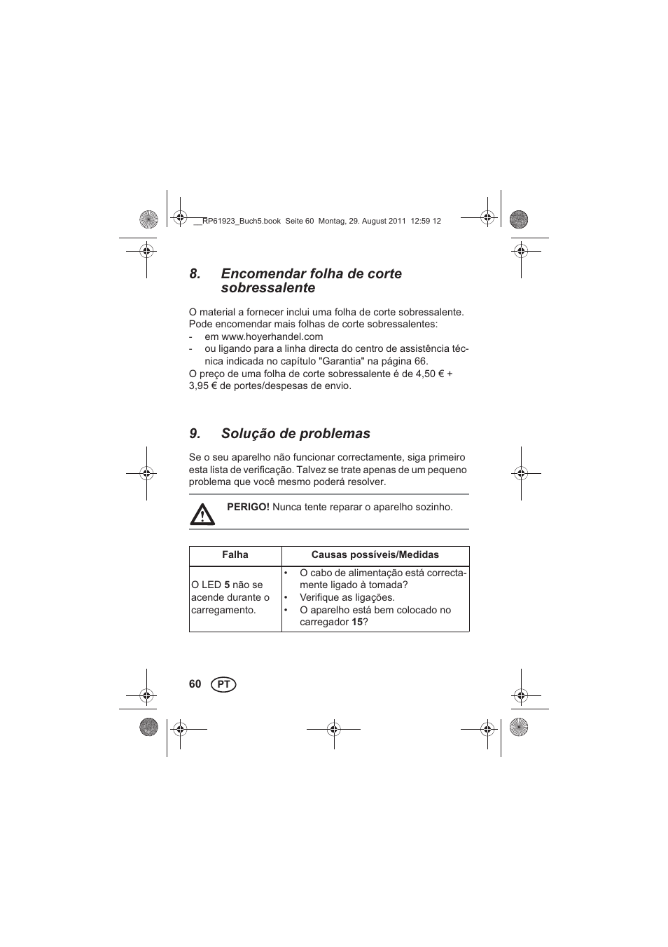 Encomendar folha de corte sobressalente, Solução de problemas | Silvercrest SDR 1000 A1 User Manual | Page 62 / 114