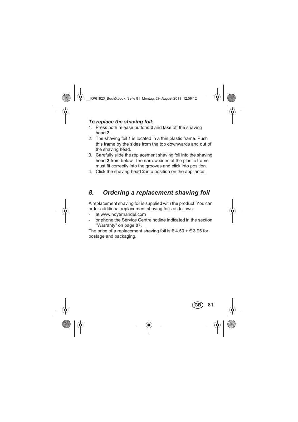 Ordering a replacement shaving foil | Silvercrest SDR 1000 A1 User Manual | Page 83 / 114