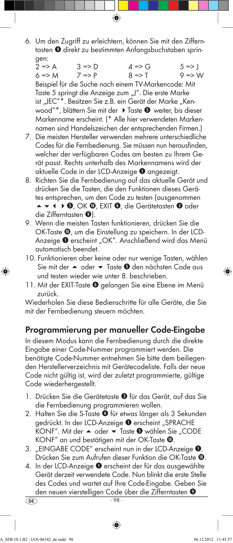 Programmierung per manueller code-eingabe | Silvercrest SFB 10.1 B2 User Manual | Page 100 / 116