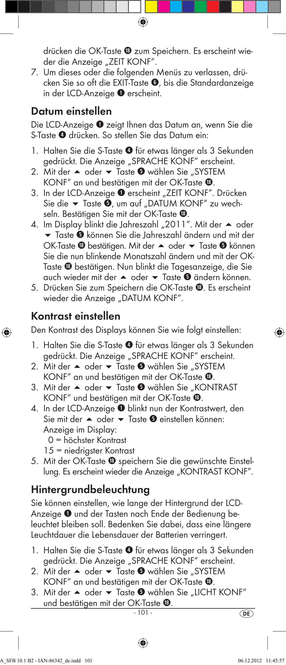 Datum einstellen, Kontrast einstellen, Hintergrundbeleuchtung | Silvercrest SFB 10.1 B2 User Manual | Page 103 / 116