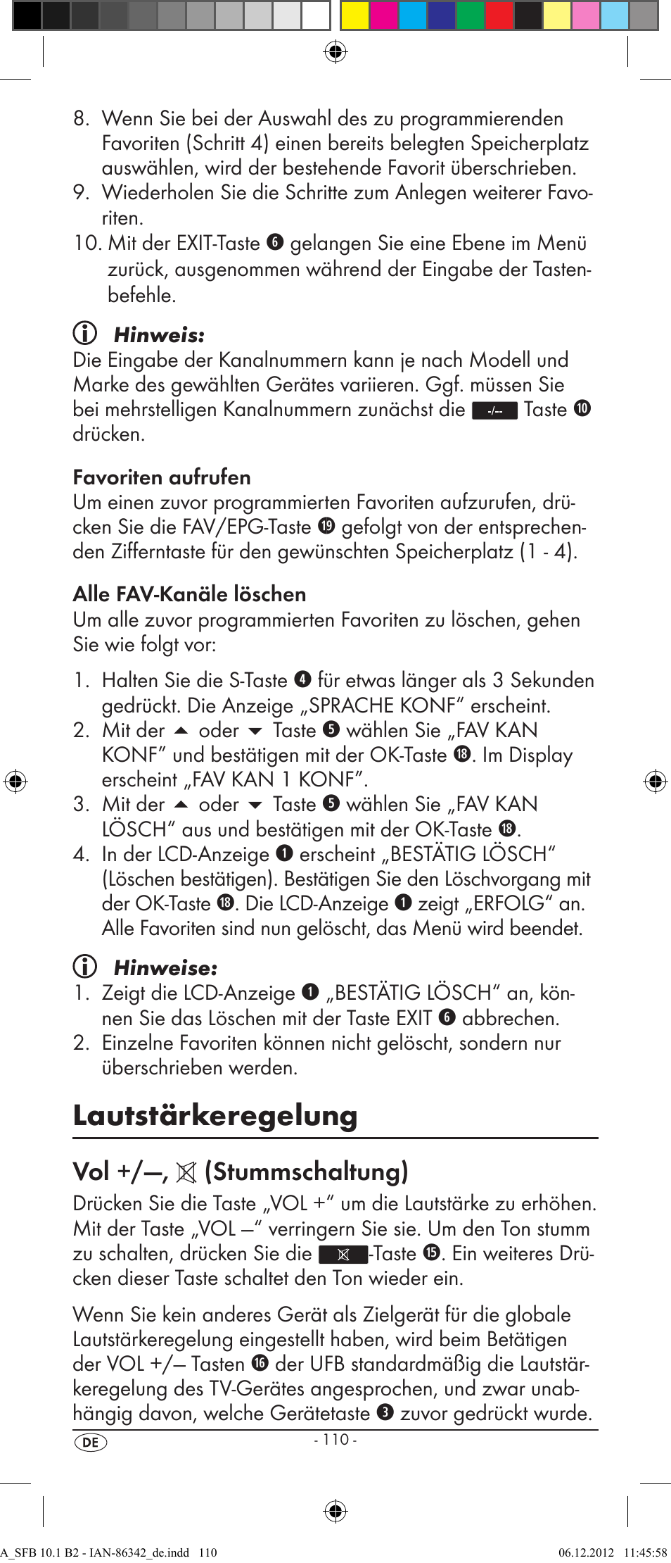 Lautstärkeregelung, Vol +/—, (stummschaltung) | Silvercrest SFB 10.1 B2 User Manual | Page 112 / 116