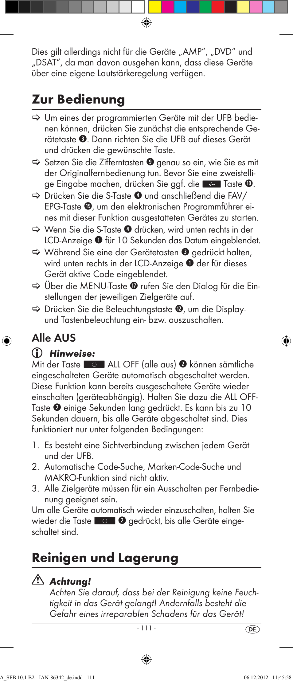 Zur bedienung, Reinigen und lagerung, Alle aus | Silvercrest SFB 10.1 B2 User Manual | Page 113 / 116