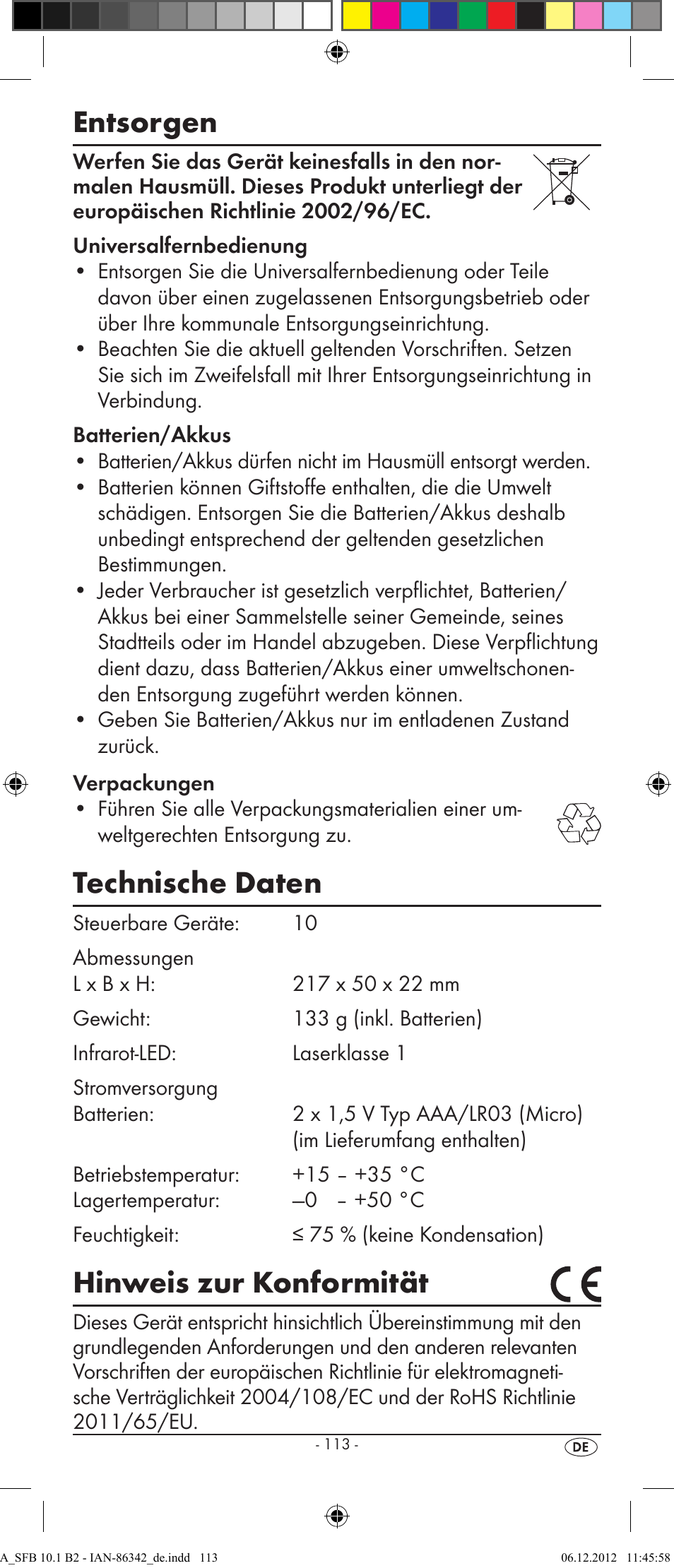 Entsorgen, Technische daten, Hinweis zur konformität | Silvercrest SFB 10.1 B2 User Manual | Page 115 / 116