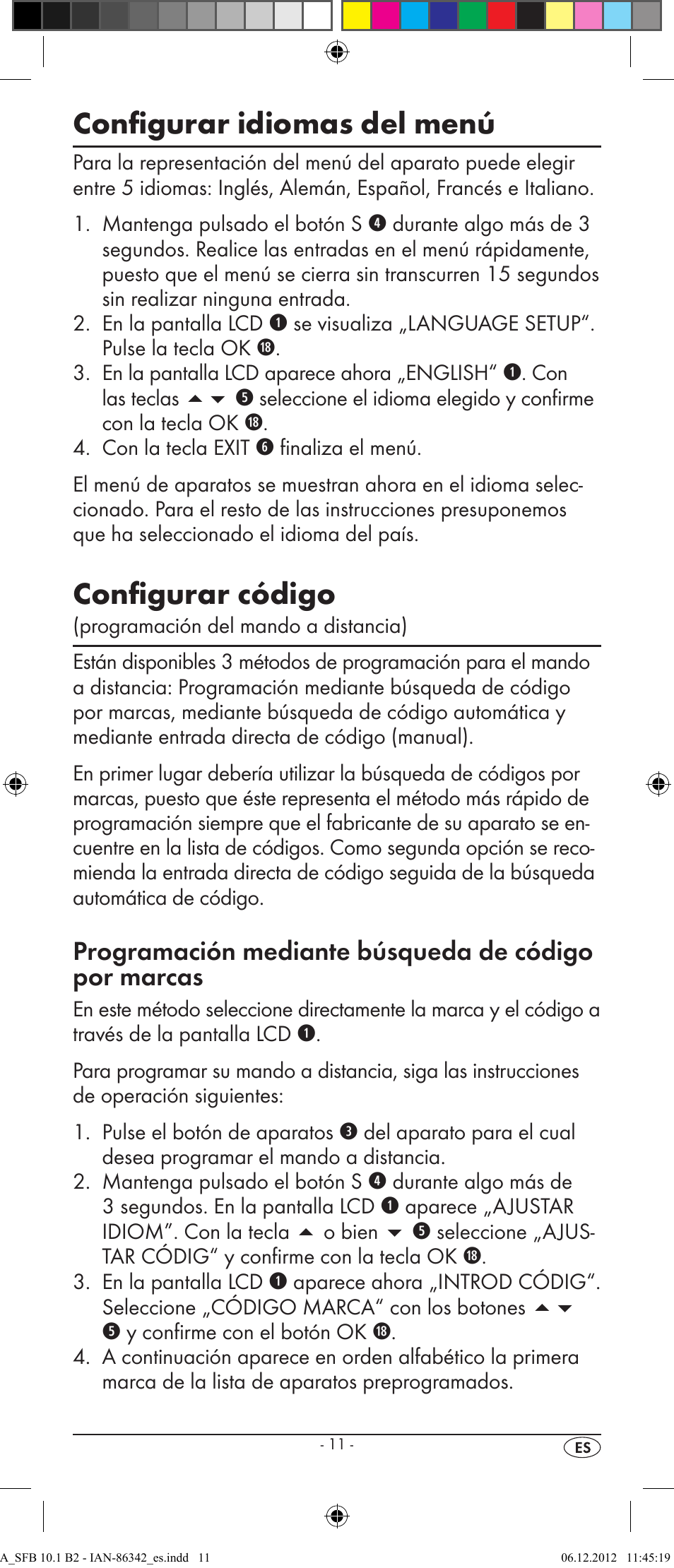 Configurar idiomas del menú, Configurar código | Silvercrest SFB 10.1 B2 User Manual | Page 13 / 116