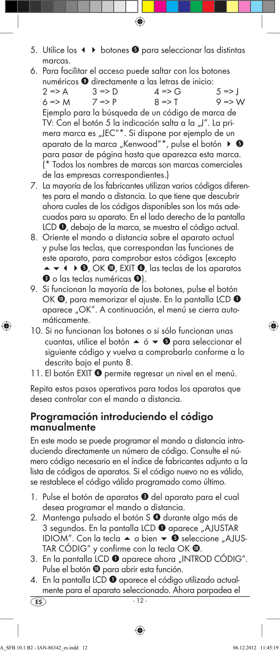 Programación introduciendo el código manualmente | Silvercrest SFB 10.1 B2 User Manual | Page 14 / 116