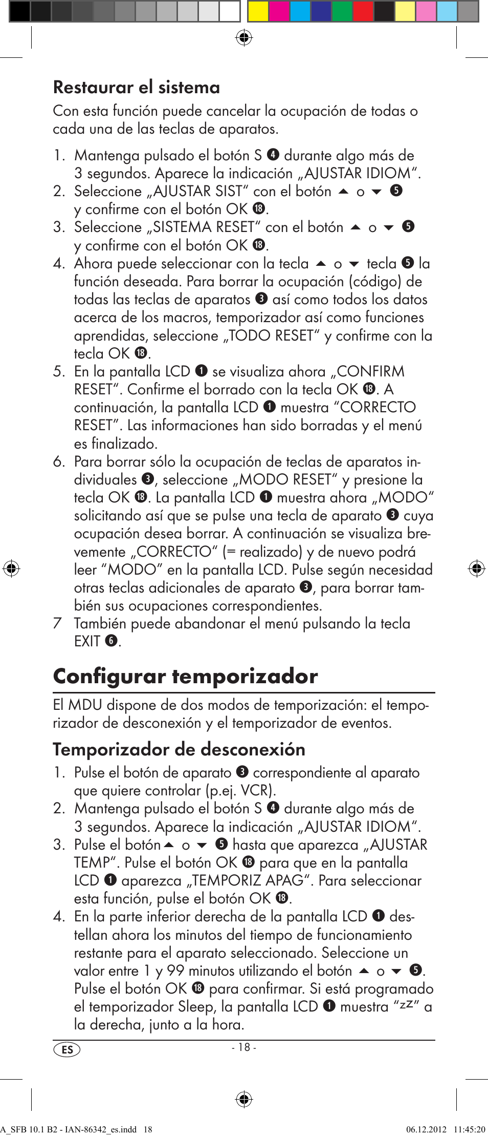 Configurar temporizador, Restaurar el sistema, Temporizador de desconexión | Silvercrest SFB 10.1 B2 User Manual | Page 20 / 116