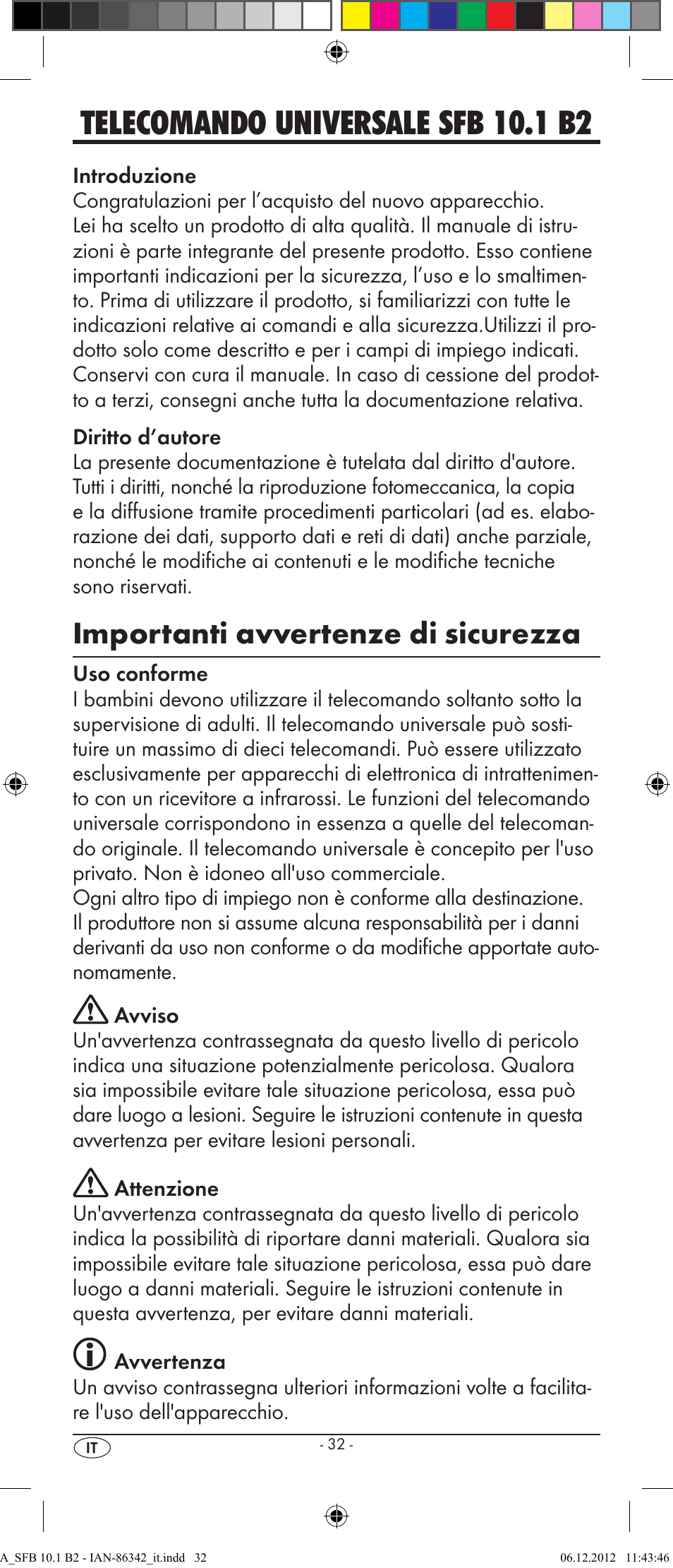 Telecomando universale sfb 10.1 b2, Importanti avvertenze di sicurezza | Silvercrest SFB 10.1 B2 User Manual | Page 34 / 116