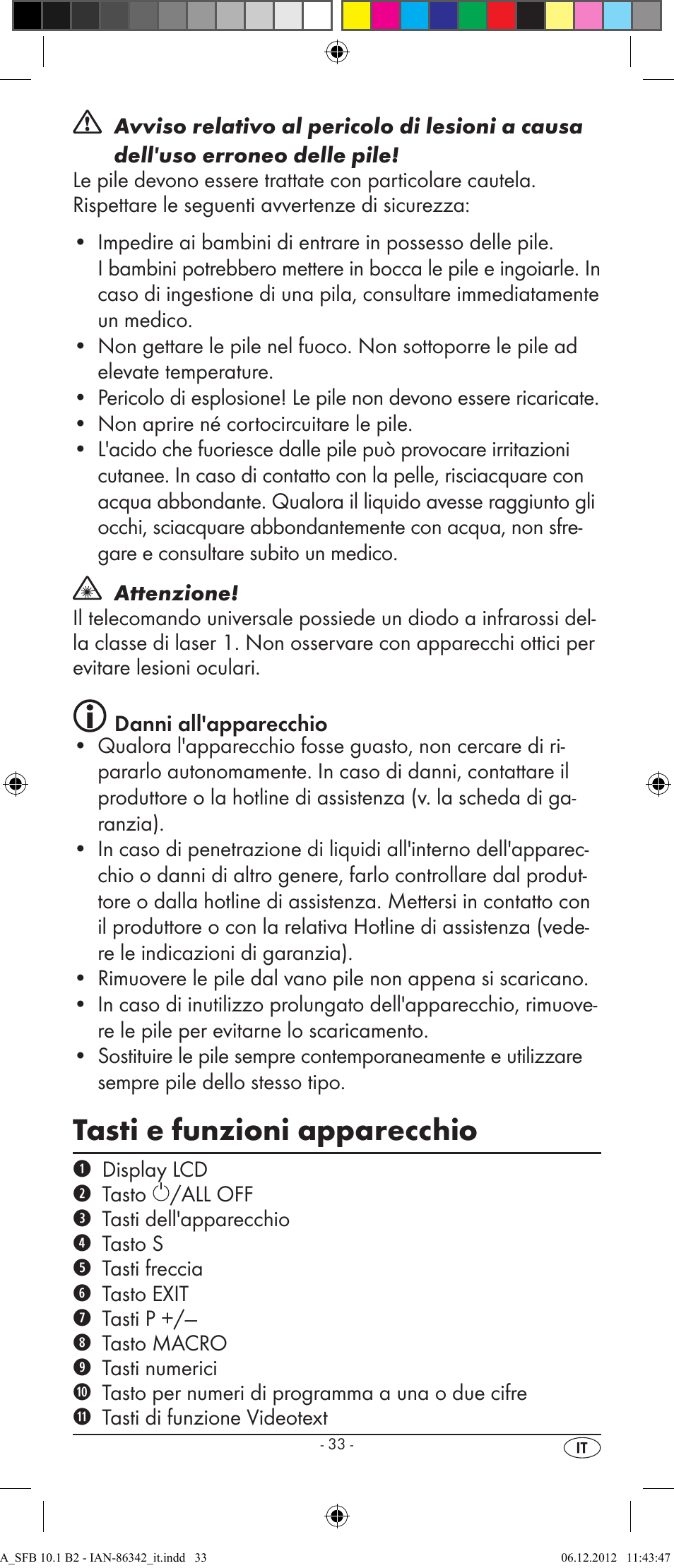 Tasti e funzioni apparecchio | Silvercrest SFB 10.1 B2 User Manual | Page 35 / 116