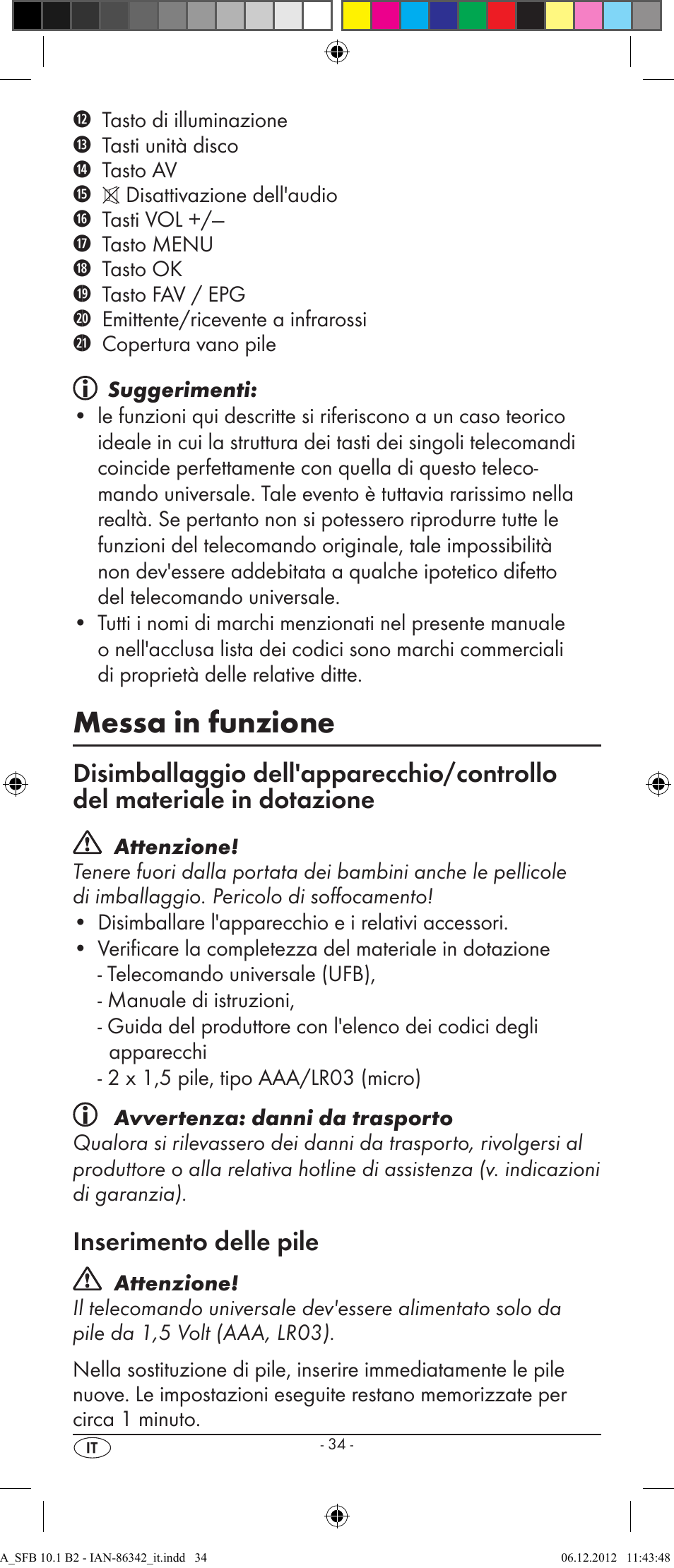 Messa in funzione, Inserimento delle pile | Silvercrest SFB 10.1 B2 User Manual | Page 36 / 116