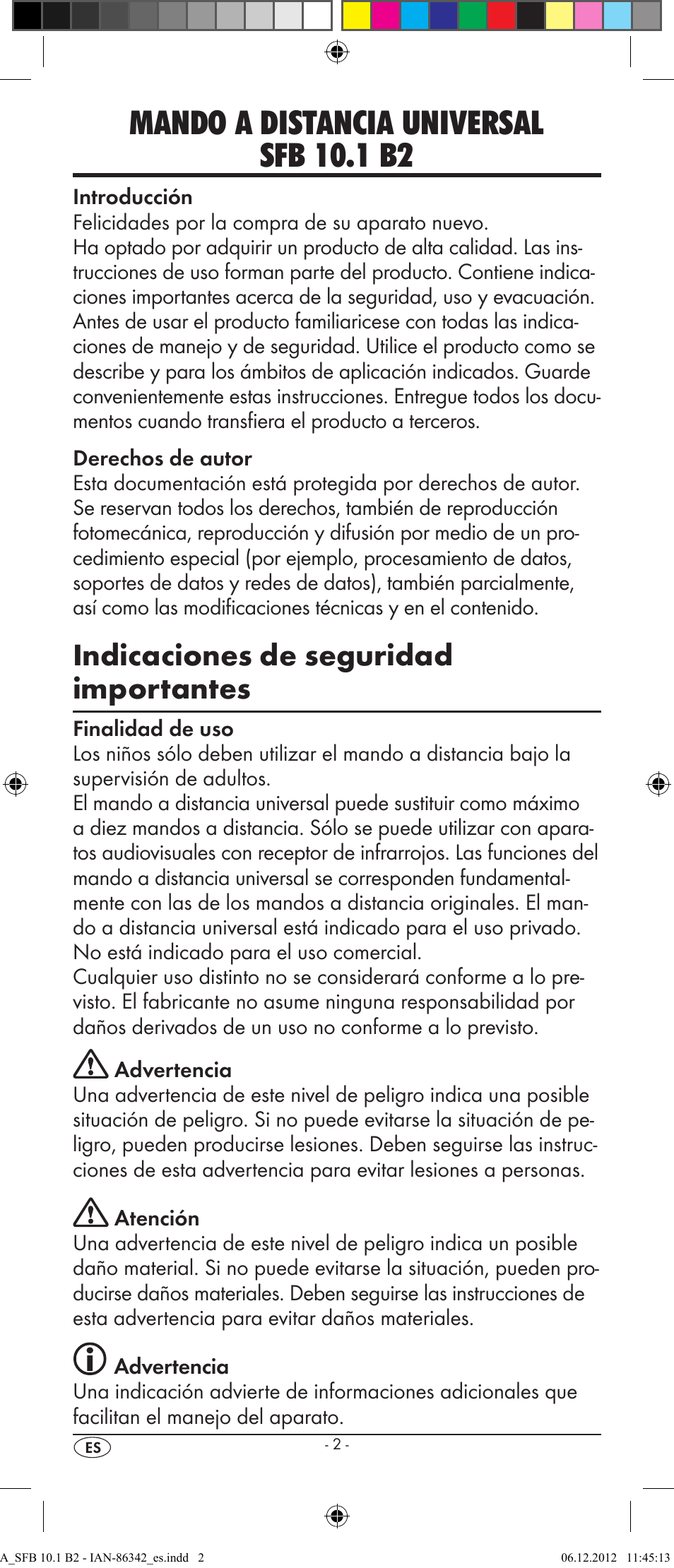 Mando a distancia universal sfb 10.1 b2, Indicaciones de seguridad importantes | Silvercrest SFB 10.1 B2 User Manual | Page 4 / 116