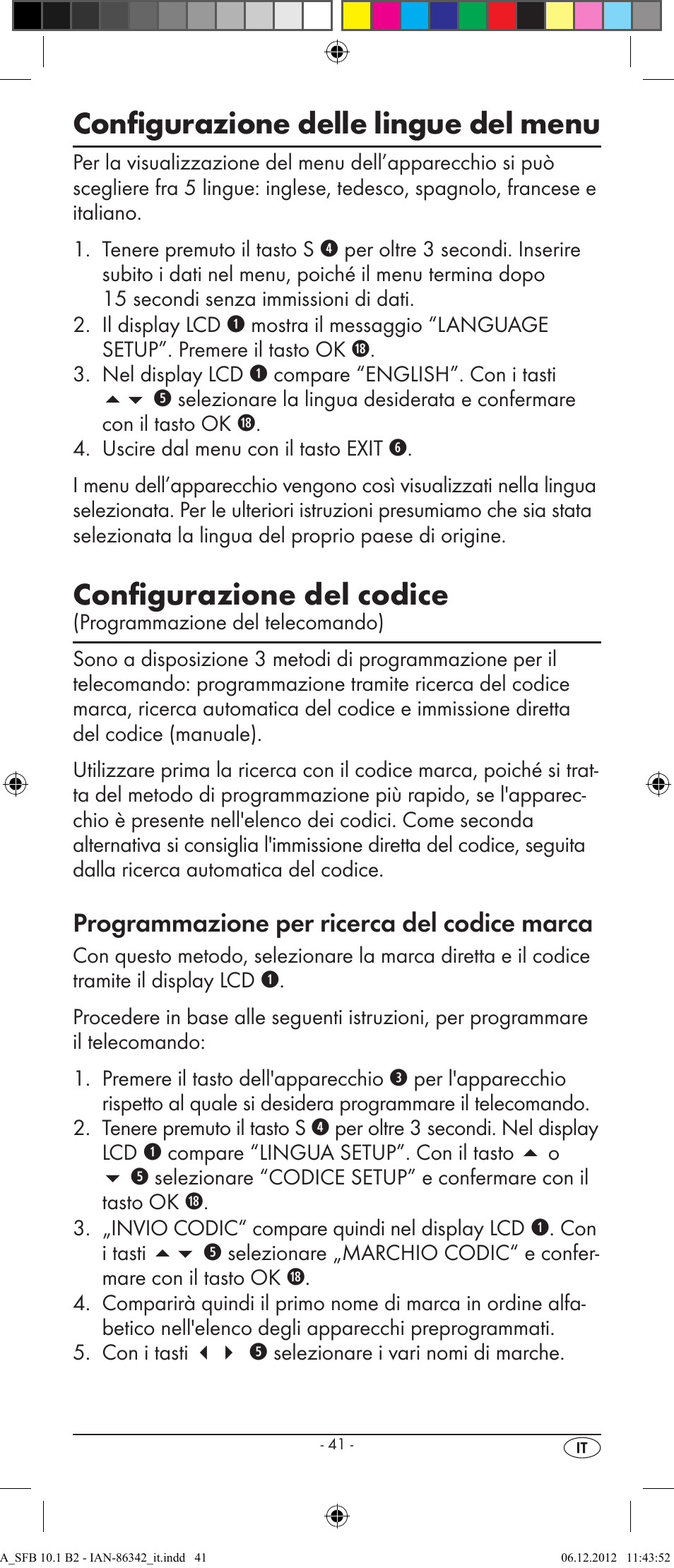 Configurazione delle lingue del menu, Configurazione del codice, Programmazione per ricerca del codice marca | Silvercrest SFB 10.1 B2 User Manual | Page 43 / 116