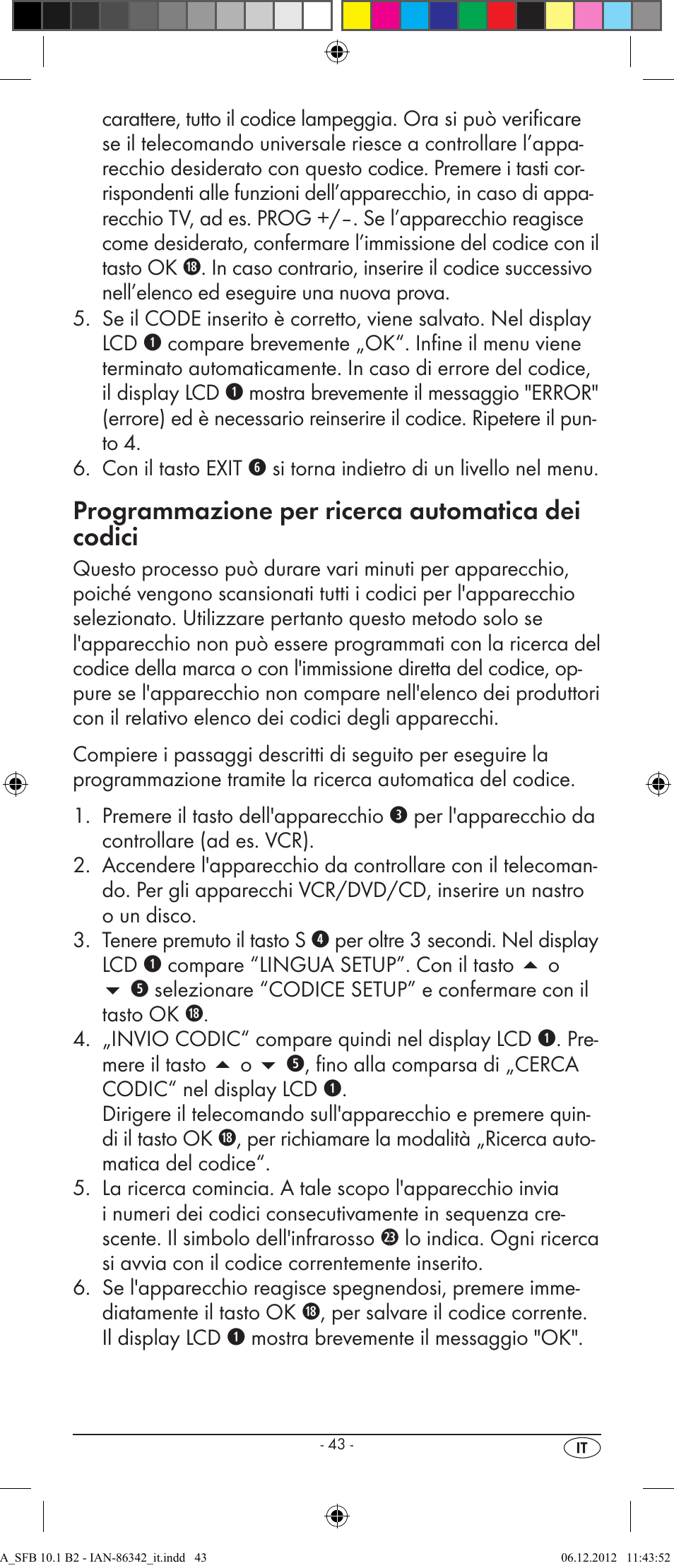 Programmazione per ricerca automatica dei codici | Silvercrest SFB 10.1 B2 User Manual | Page 45 / 116