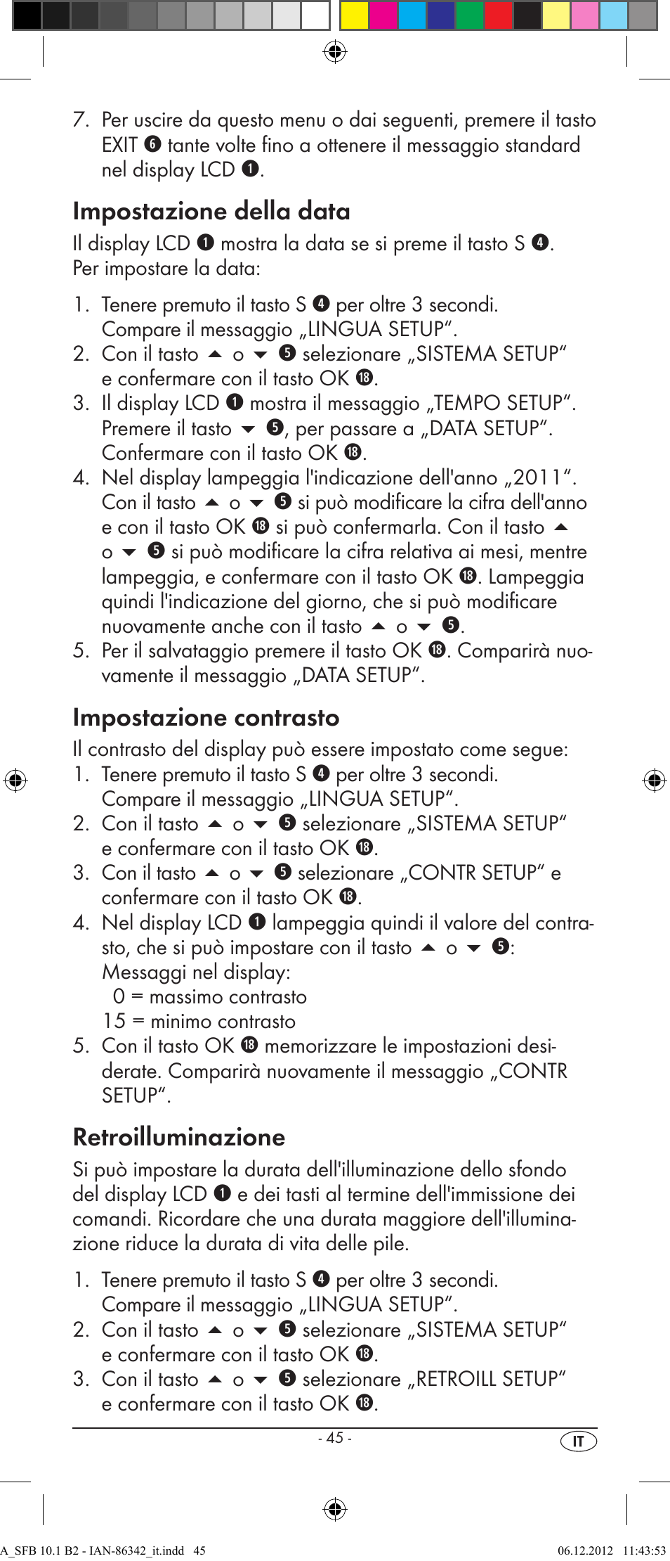 Impostazione della data, Impostazione contrasto, Retroilluminazione | Silvercrest SFB 10.1 B2 User Manual | Page 47 / 116