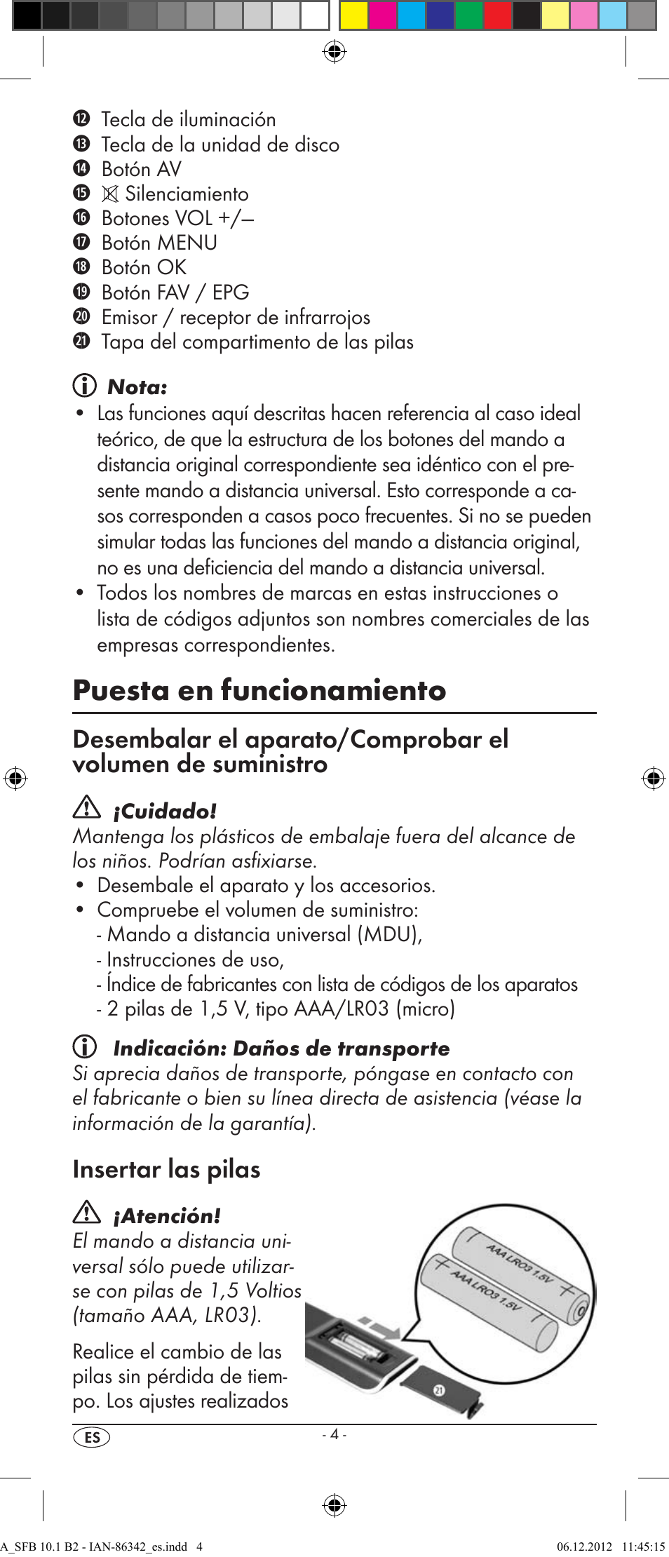 Puesta en funcionamiento, Insertar las pilas | Silvercrest SFB 10.1 B2 User Manual | Page 6 / 116