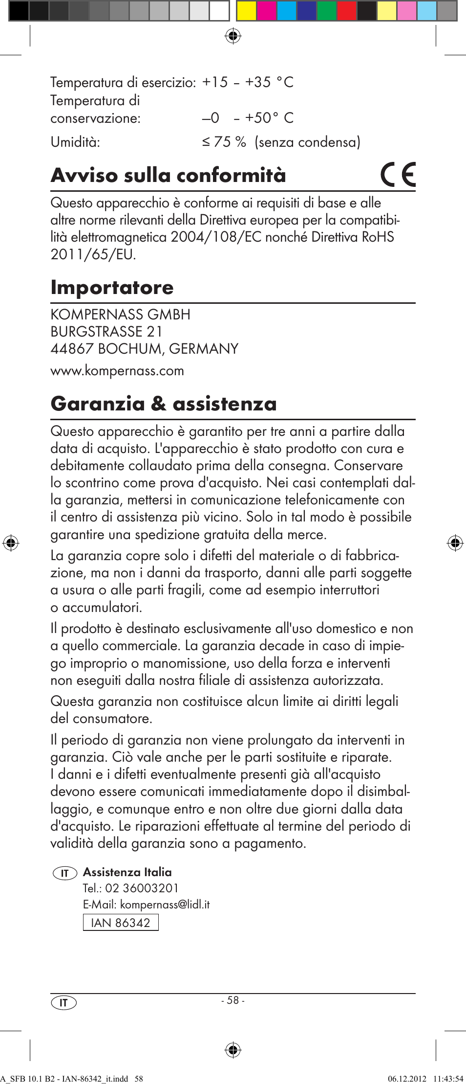 Avviso sulla conformità, Importatore, Garanzia & assistenza | Silvercrest SFB 10.1 B2 User Manual | Page 60 / 116