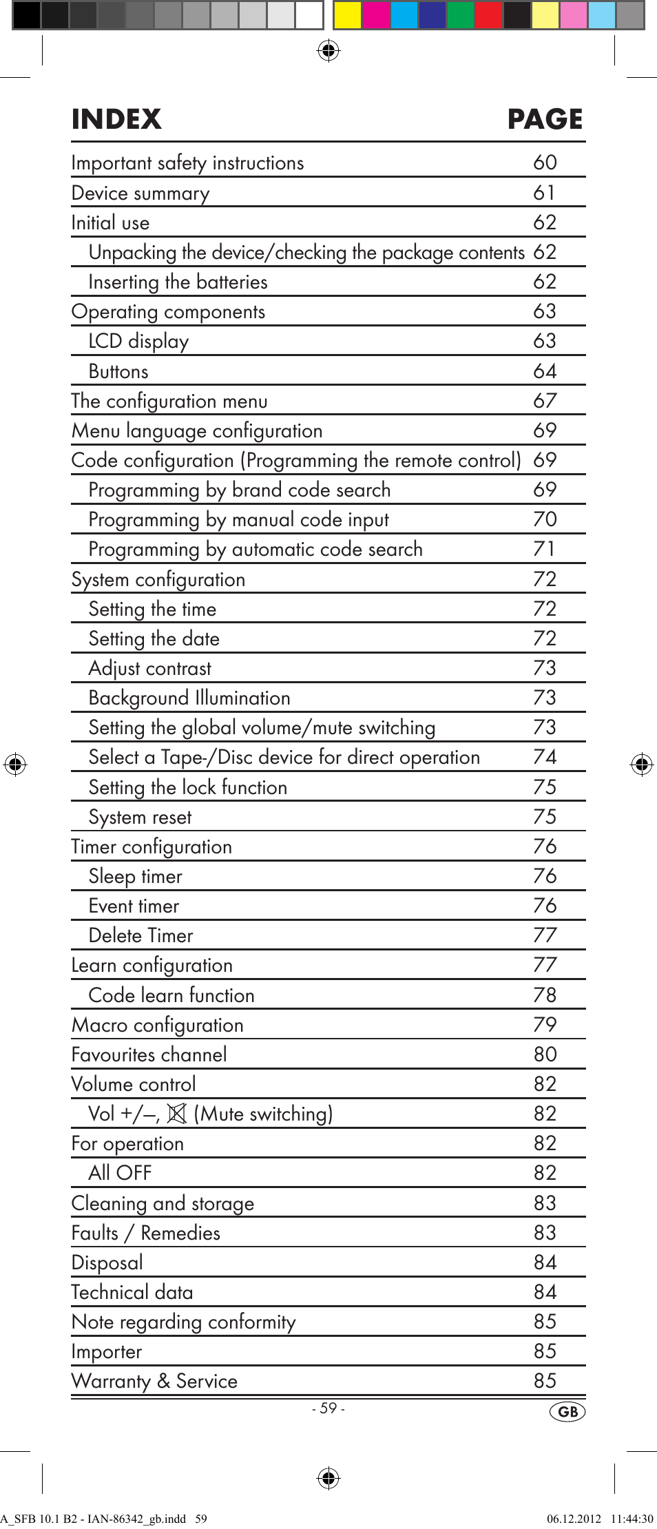 Index page | Silvercrest SFB 10.1 B2 User Manual | Page 61 / 116