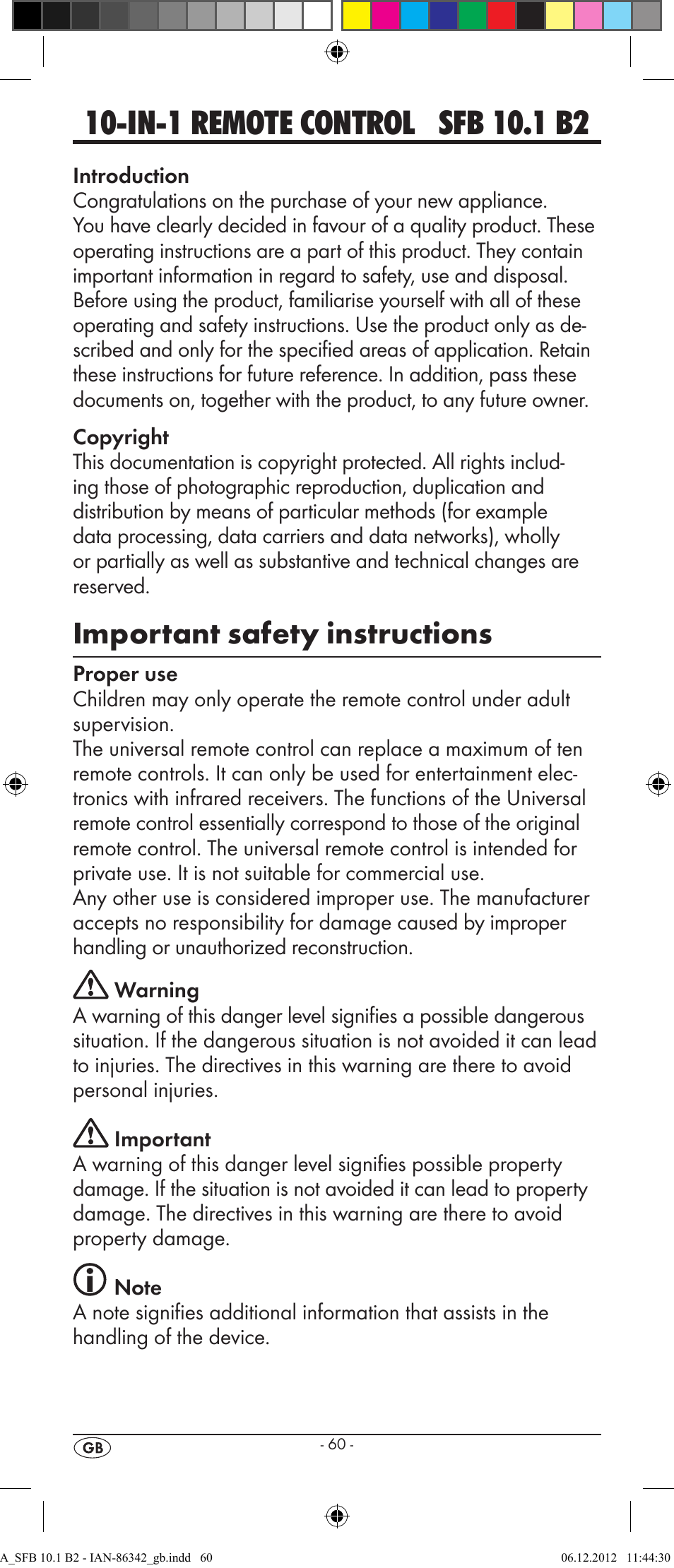 Important safety instructions | Silvercrest SFB 10.1 B2 User Manual | Page 62 / 116