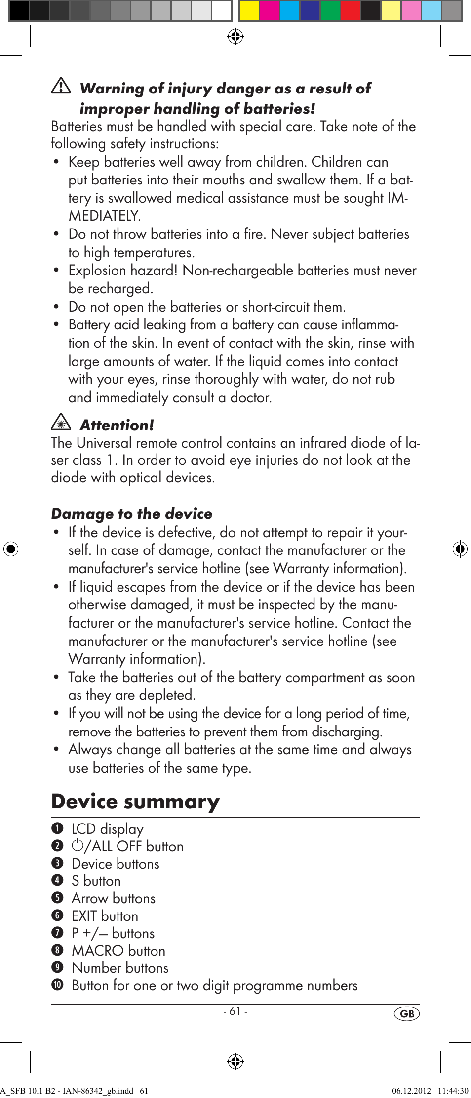 Device summary | Silvercrest SFB 10.1 B2 User Manual | Page 63 / 116