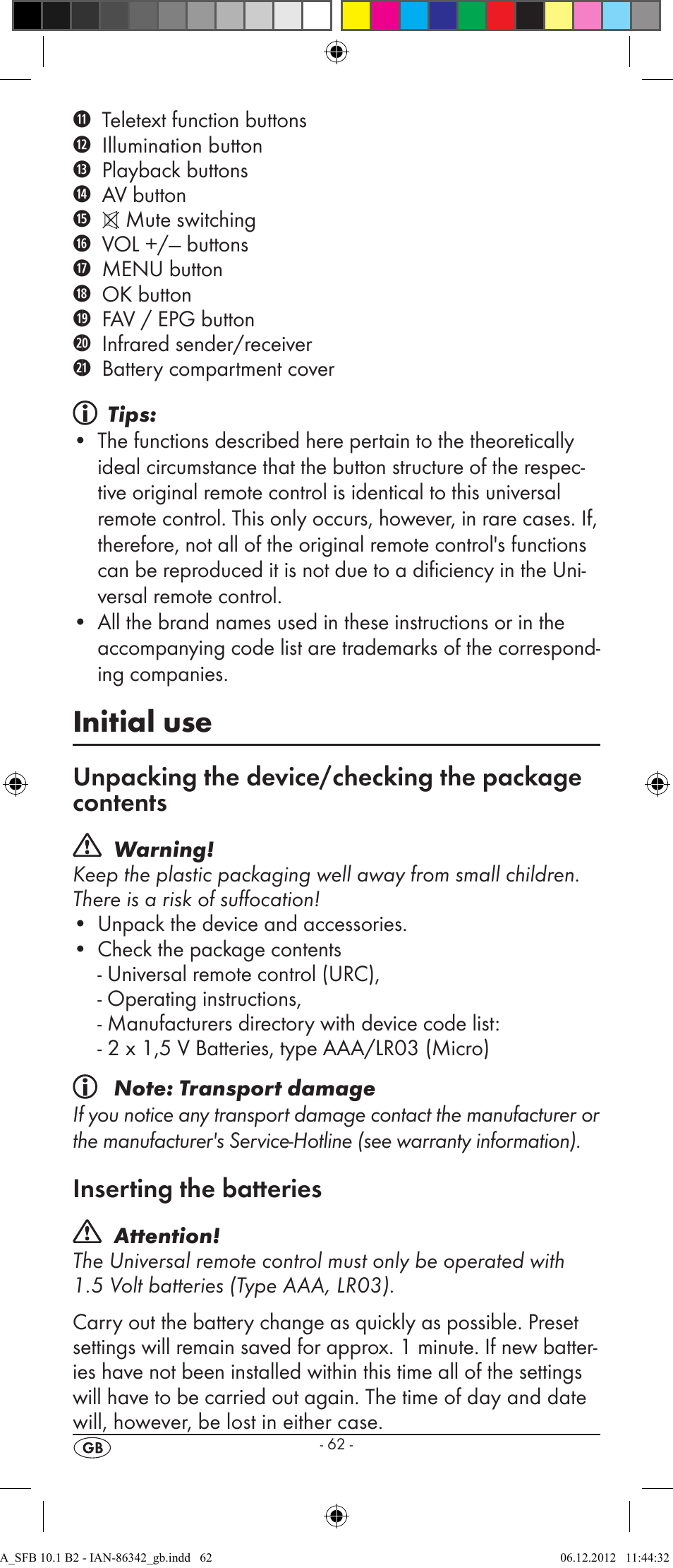 Initial use, Unpacking the device/checking the package contents, Inserting the batteries | Silvercrest SFB 10.1 B2 User Manual | Page 64 / 116