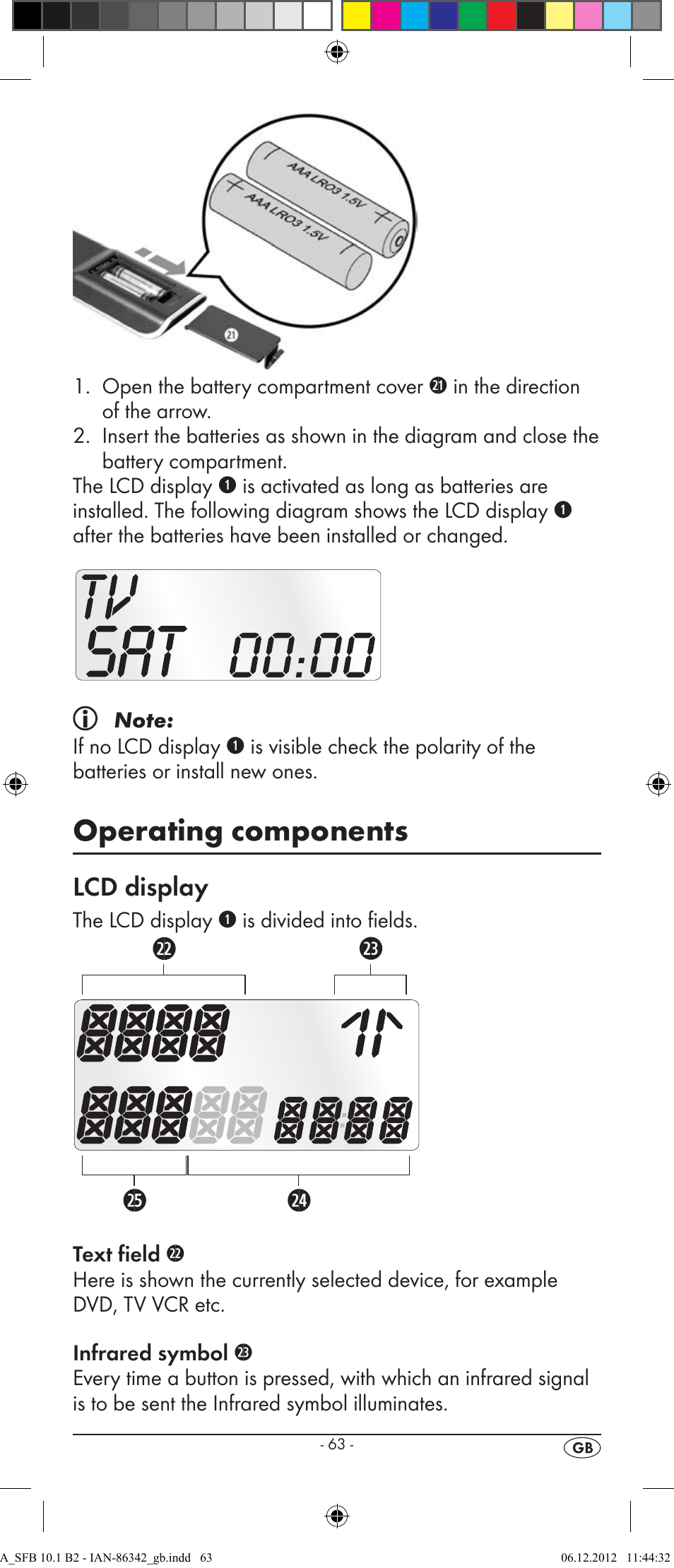 Operating components, Lcd display | Silvercrest SFB 10.1 B2 User Manual | Page 65 / 116