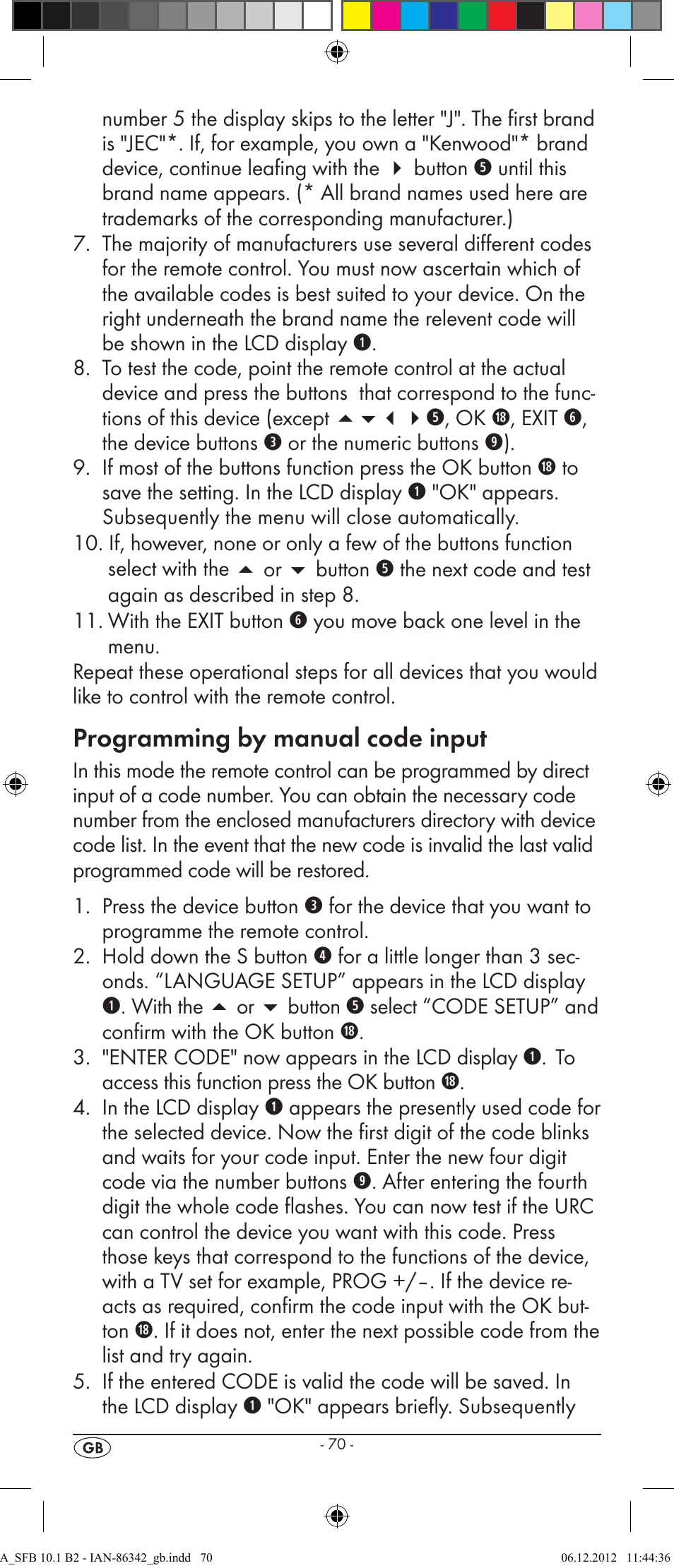 Programming by manual code input | Silvercrest SFB 10.1 B2 User Manual | Page 72 / 116