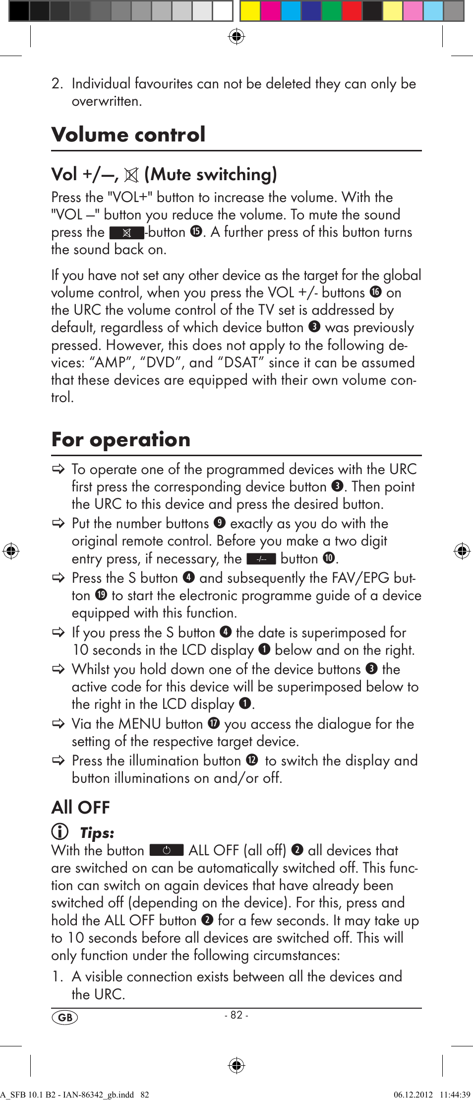 Volume control, For operation, Vol +/—, (mute switching) | All off | Silvercrest SFB 10.1 B2 User Manual | Page 84 / 116
