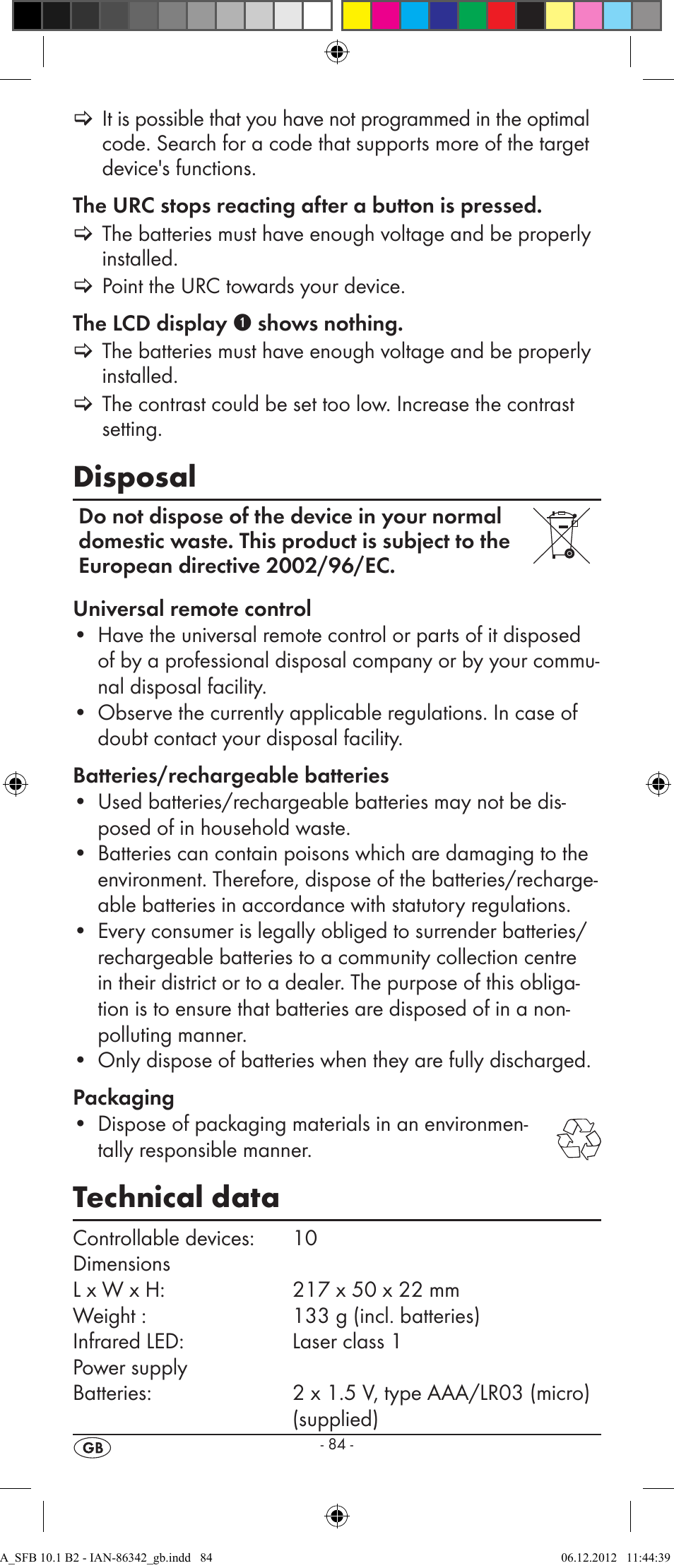 Disposal, Technical data | Silvercrest SFB 10.1 B2 User Manual | Page 86 / 116