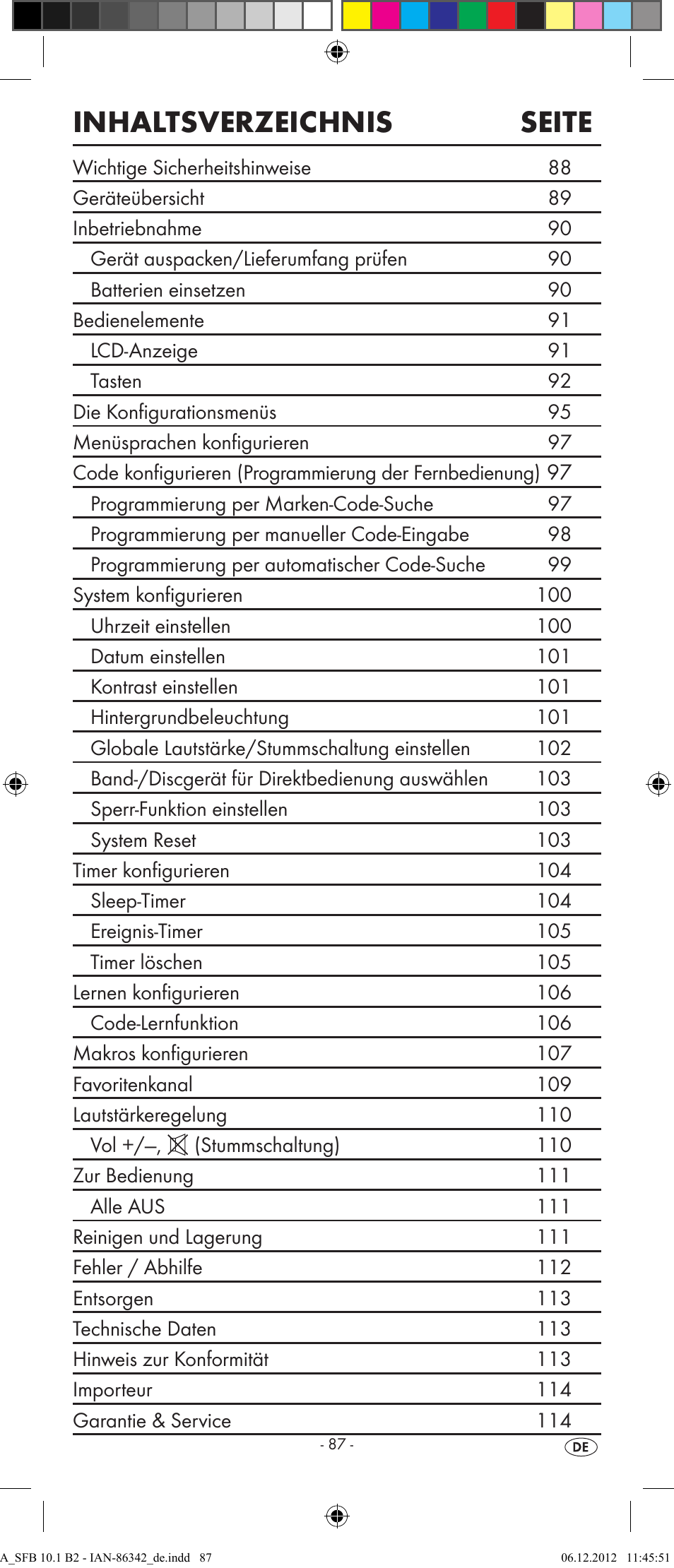 Inhaltsverzeichnis seite | Silvercrest SFB 10.1 B2 User Manual | Page 89 / 116