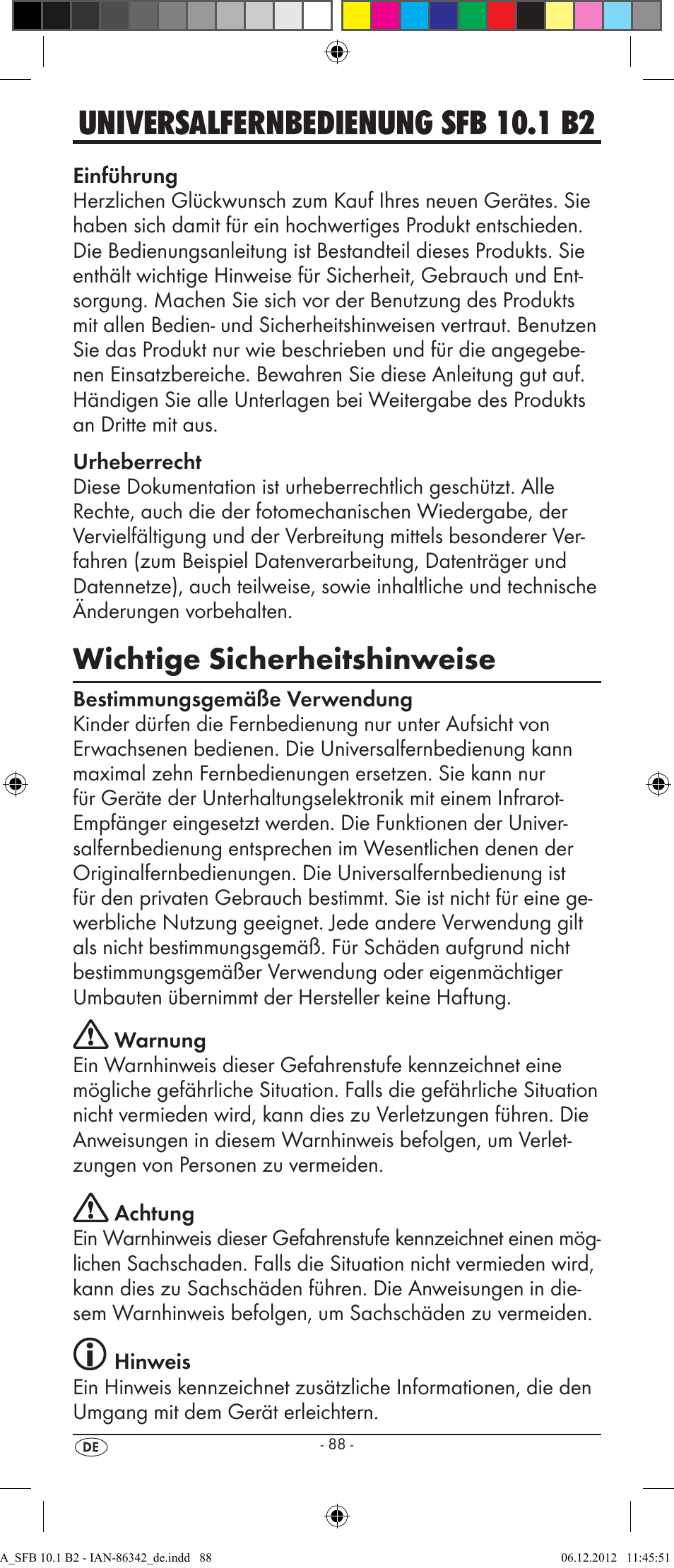 Universalfernbedienung sfb 10.1 b2, Wichtige sicherheitshinweise | Silvercrest SFB 10.1 B2 User Manual | Page 90 / 116