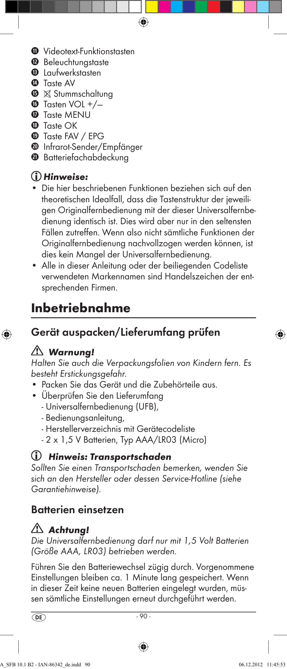 Inbetriebnahme, Gerät auspacken/lieferumfang prüfen, Batterien einsetzen | Silvercrest SFB 10.1 B2 User Manual | Page 92 / 116