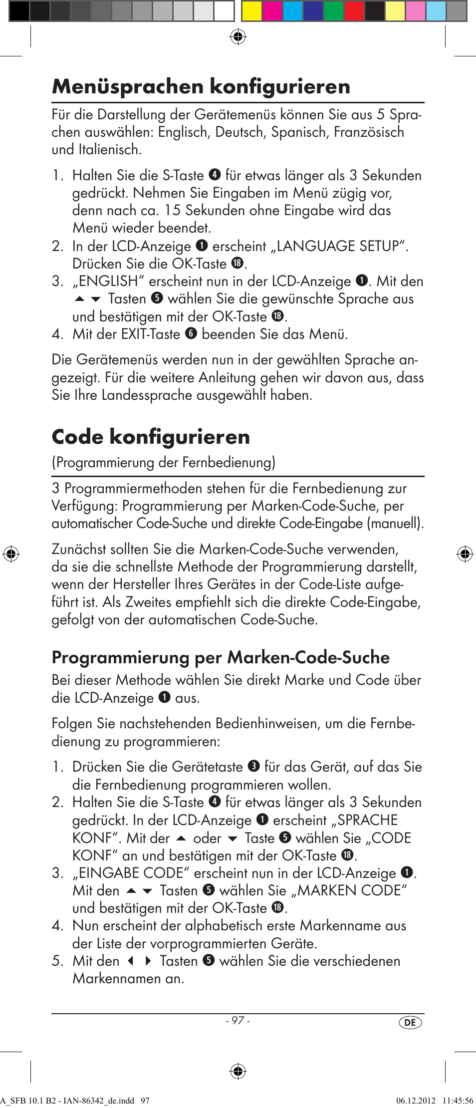 Menüsprachen konfigurieren, Code konfigurieren, Programmierung per marken-code-suche | Silvercrest SFB 10.1 B2 User Manual | Page 99 / 116