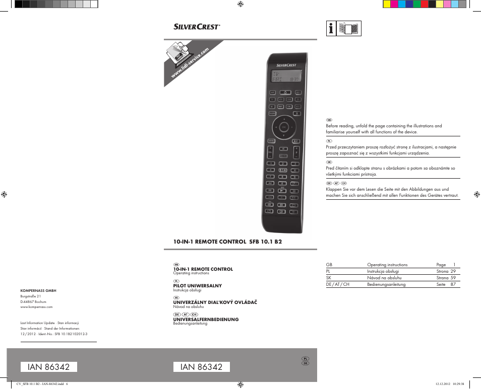 Silvercrest 10-IN-1 REMOTE CONTROL SFB 10.1 B2 User Manual | 116 pages