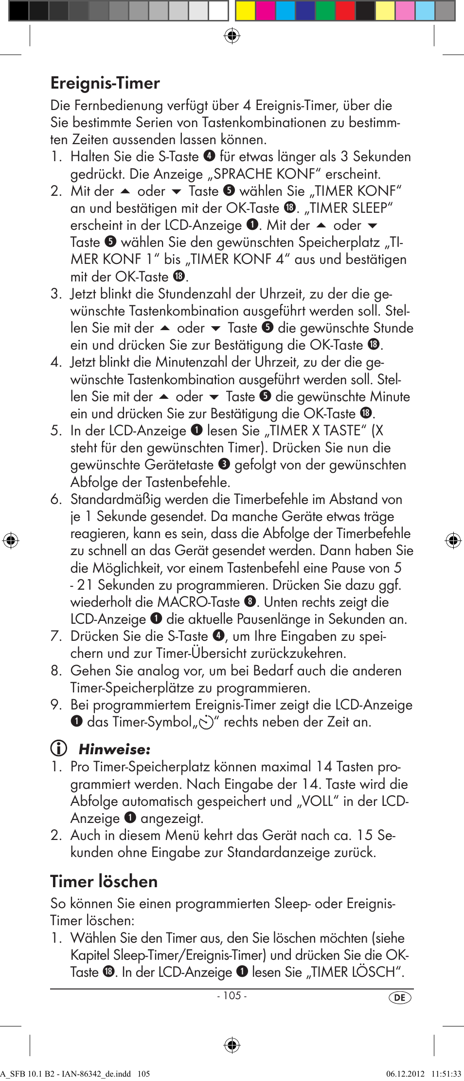Ereignis-timer, Timer löschen | Silvercrest 10-IN-1 REMOTE CONTROL SFB 10.1 B2 User Manual | Page 107 / 116