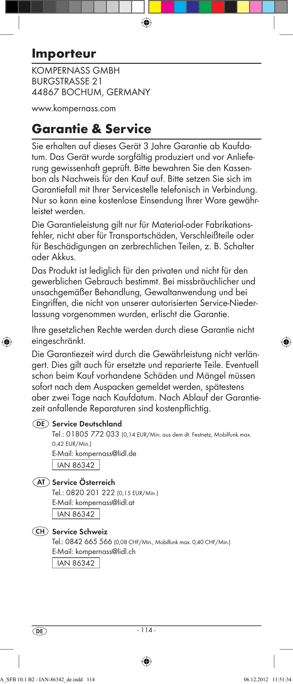 Importeur, Garantie & service | Silvercrest 10-IN-1 REMOTE CONTROL SFB 10.1 B2 User Manual | Page 116 / 116