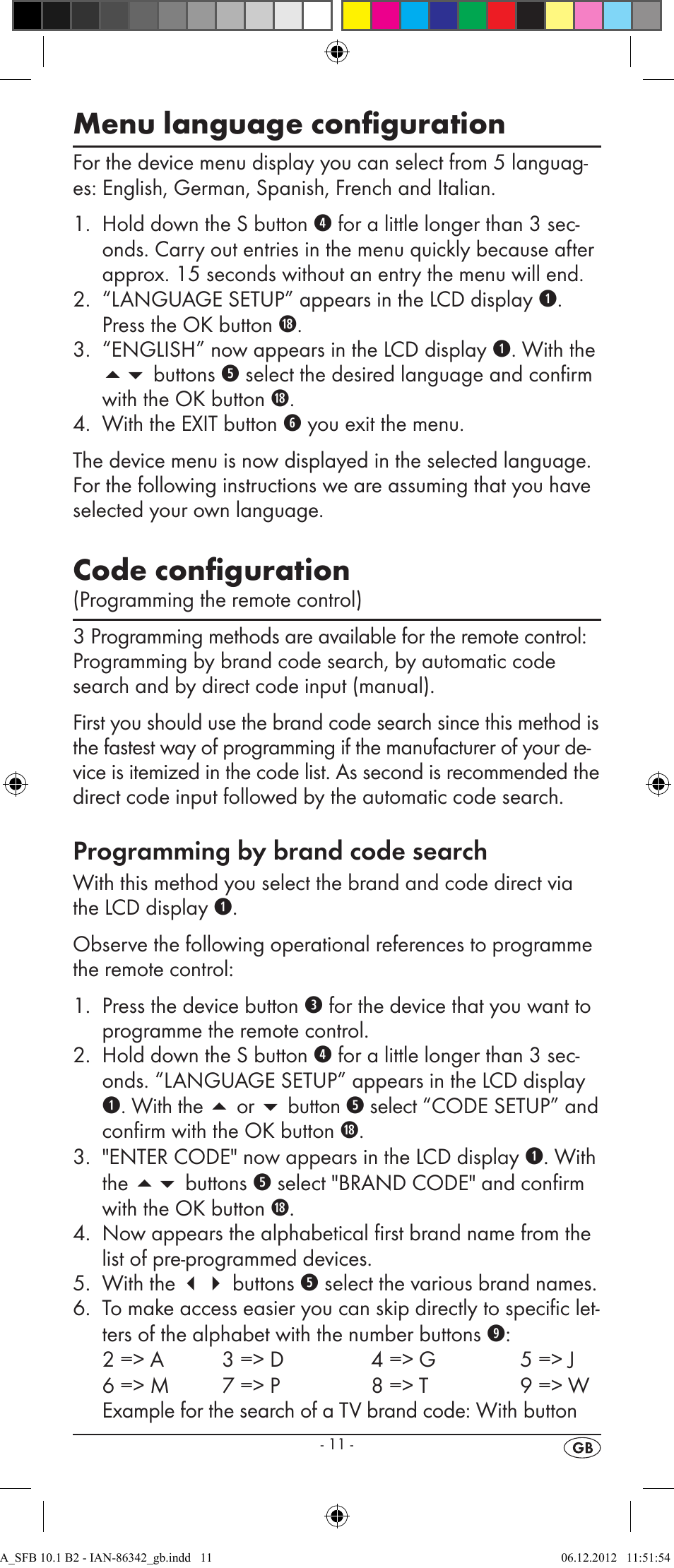 Menu language configuration, Code configuration, Programming by brand code search | Silvercrest 10-IN-1 REMOTE CONTROL SFB 10.1 B2 User Manual | Page 13 / 116