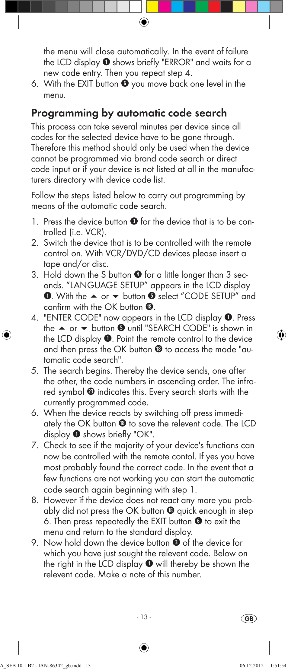 Programming by automatic code search | Silvercrest 10-IN-1 REMOTE CONTROL SFB 10.1 B2 User Manual | Page 15 / 116