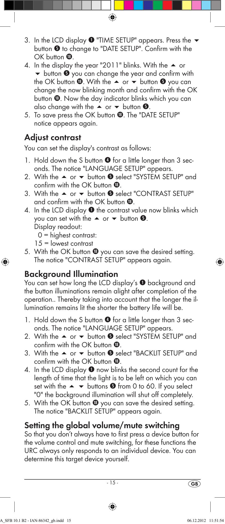 Adjust contrast, Background illumination, Setting the global volume/mute switching | Silvercrest 10-IN-1 REMOTE CONTROL SFB 10.1 B2 User Manual | Page 17 / 116